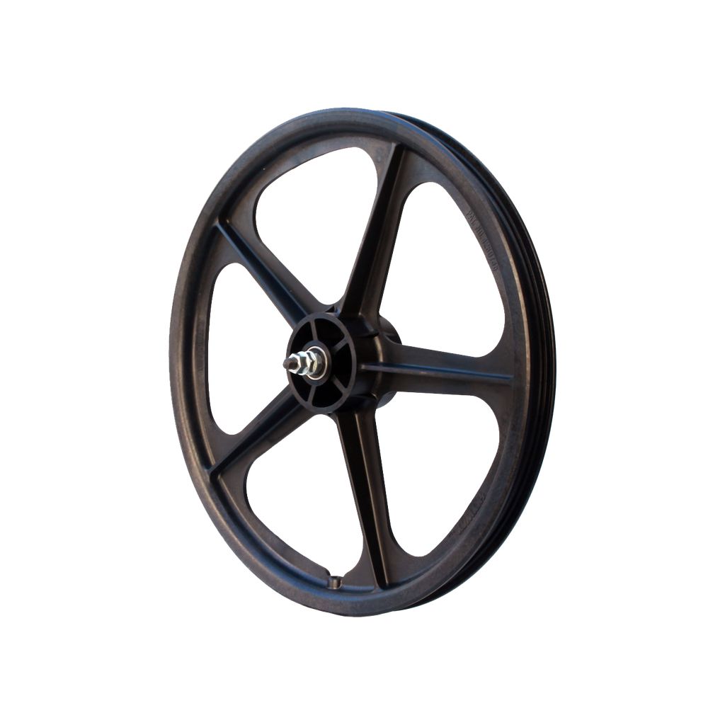 The Skyway Tuff II 5 Spoke Front Wheel boasts a dark finish with a central hub and a minimalist design, featuring sealed bearing axles for smooth rotation, displayed against a white background.
