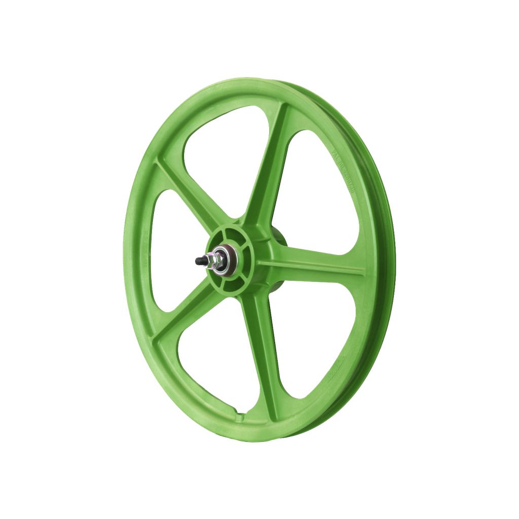 Skyway Tuff II 5 Spoke Front Wheel in green, featuring a metal hub and sealed bearing axles, set against a white background. This design pays homage to the classic Old School Colours, reminiscent of the iconic style of Tuff Wheels.