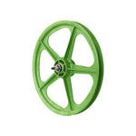 Skyway Tuff II 5 Spoke Front Wheel in green, featuring a metal hub and sealed bearing axles, set against a white background. This design pays homage to the classic Old School Colours, reminiscent of the iconic style of Tuff Wheels.