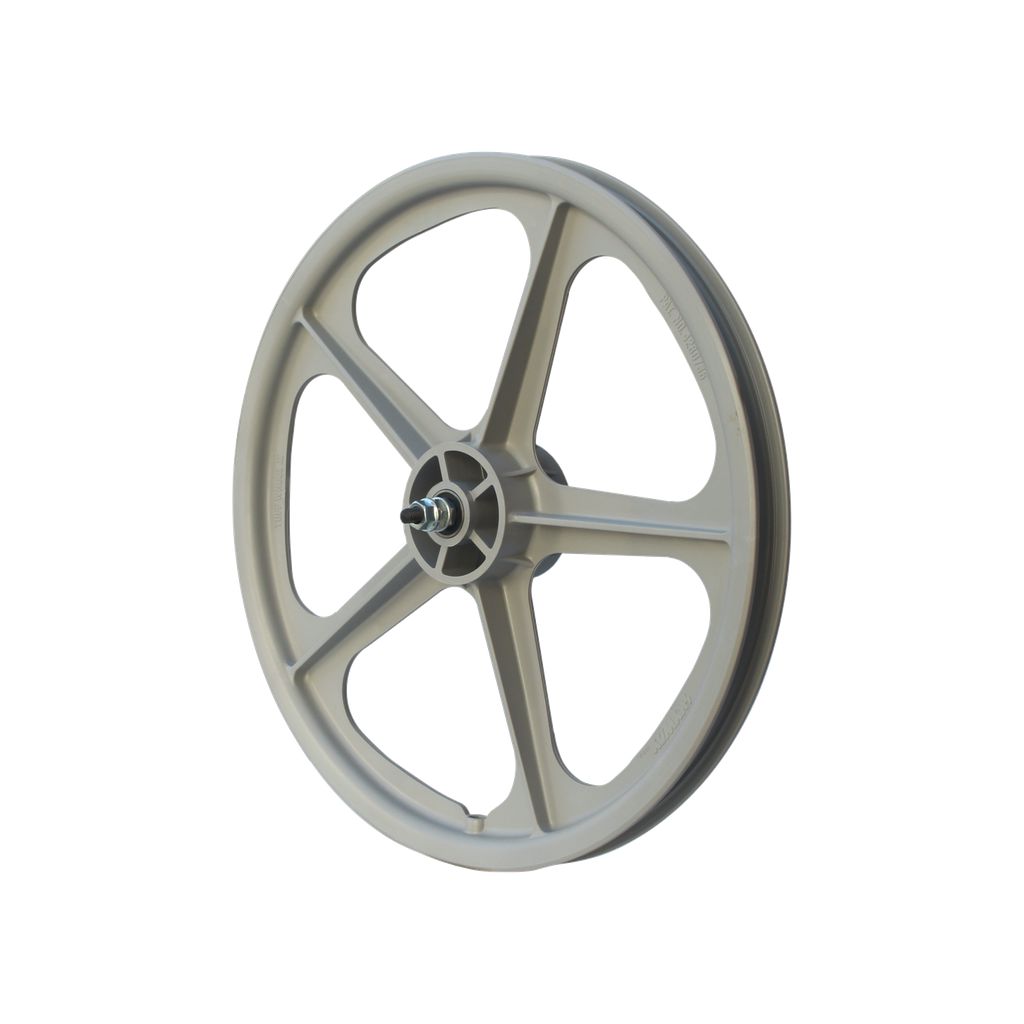 A single gray Skyway Tuff II 5 Spoke Front Wheel with a central hub and sealed bearing axles, viewed from the side against a pristine white background.