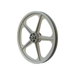 A single gray Skyway Tuff II 5 Spoke Front Wheel with a central hub and sealed bearing axles, viewed from the side against a pristine white background.