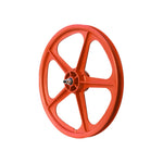 A Skyway Tuff II 5 Spoke Front Wheel, featuring a vibrant red color with a durable plastic build and metal hub, isolated on a white background.