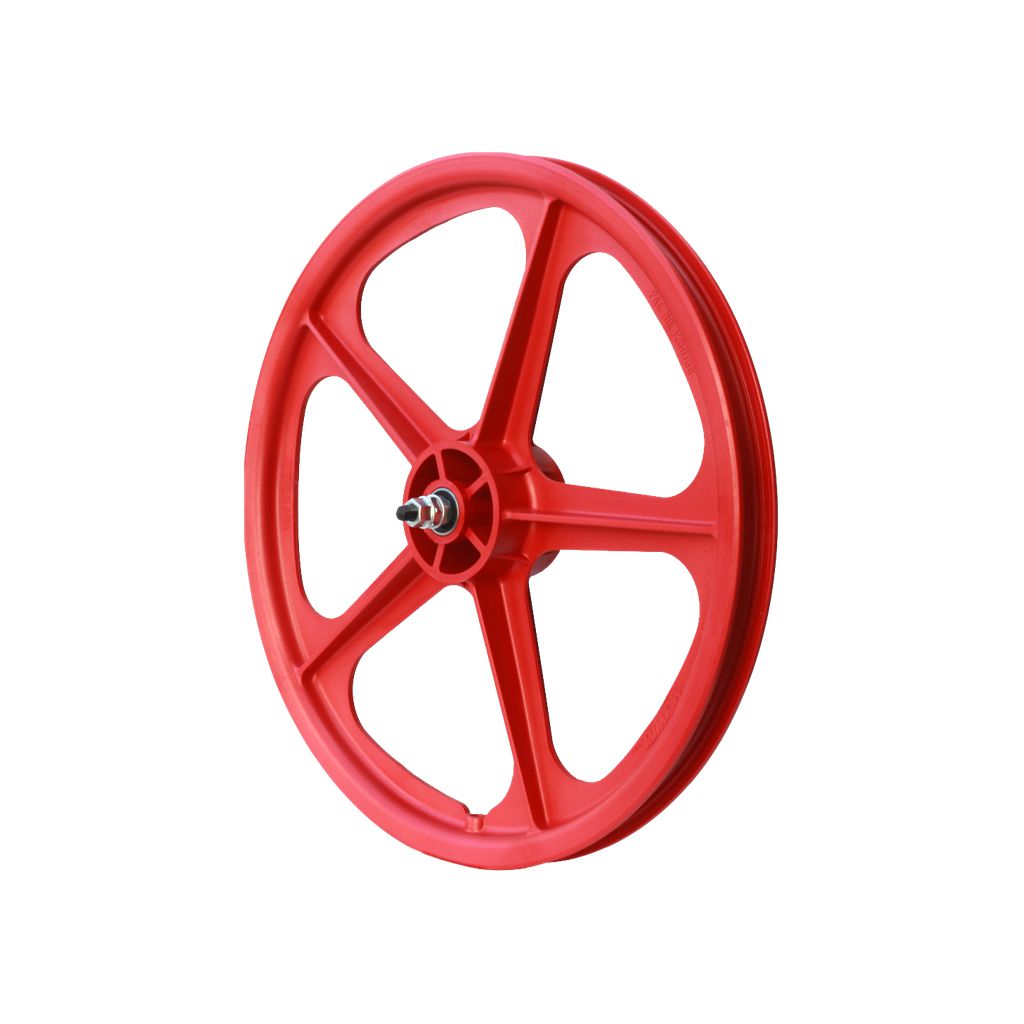 Skyway Tuff II 5 Spoke Front Wheel in classic Old School Colors with a red finish, featuring a central hub and sealed bearing axles, isolated on a white background.