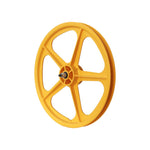 The Skyway Tuff II 5 Spoke Front Wheel, in a yellow hue reminiscent of Old School Colours, features a central bolt and is set against a white background.