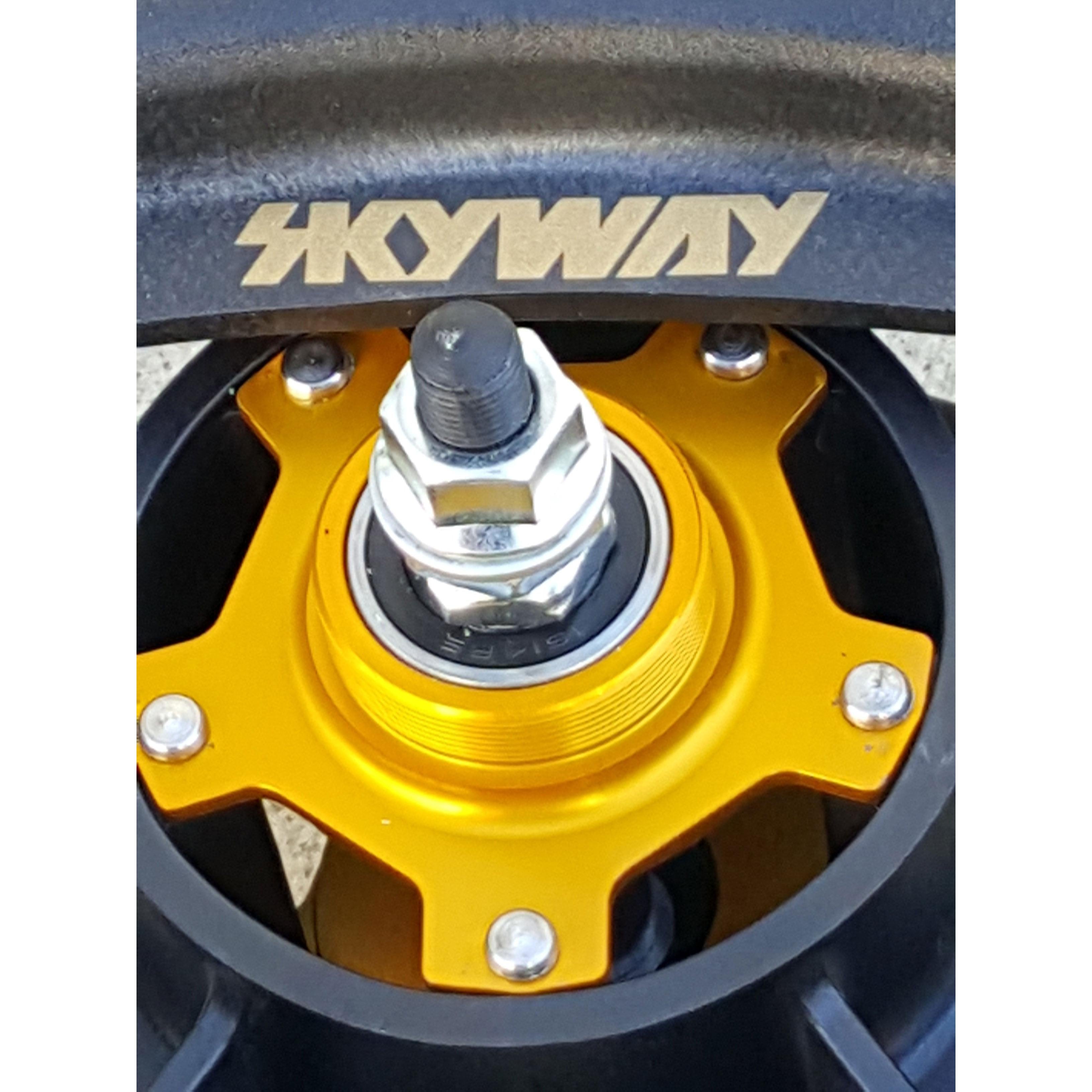 A detailed view of the Skyway Tuff II Rivet 20 Collectors Edition Wheelset hub, featuring a black rim with gold accents, highlights the intricate bolt and bearings. This wheelset is ideal for retro rebuilds and embodies classic design aesthetics that collectors admire.
