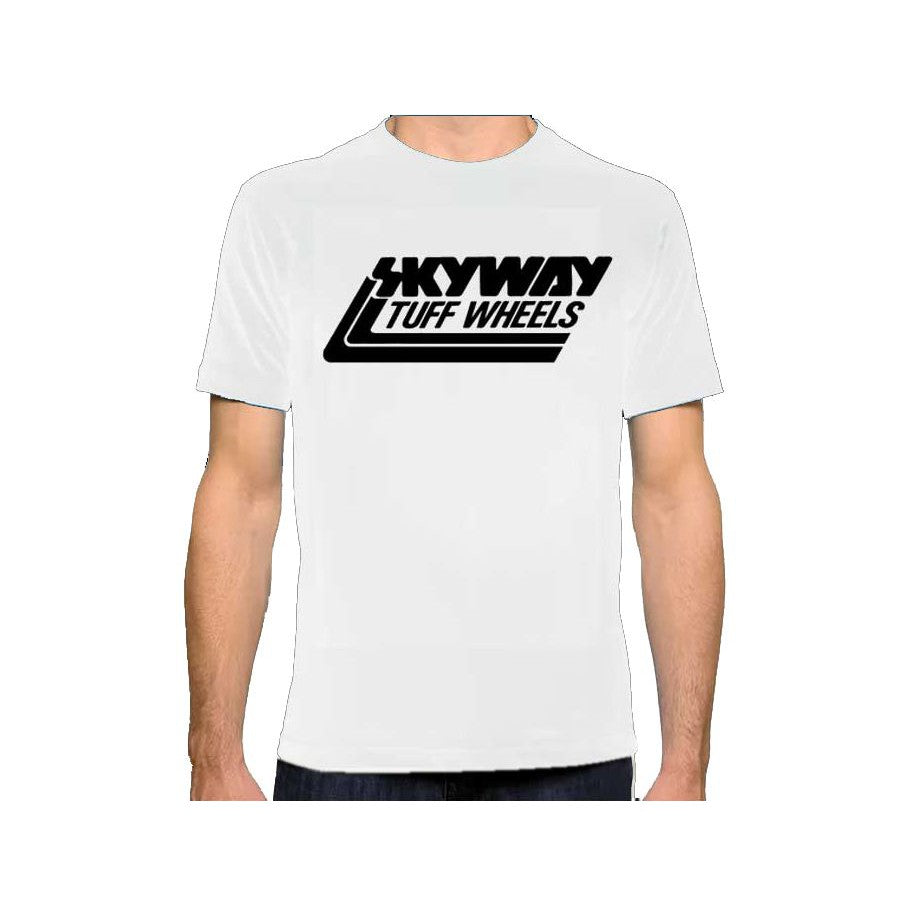 A man wearing a white t-shirt that says "Skyway Tuffwheel USA Made" - an iconic Skyway brand.