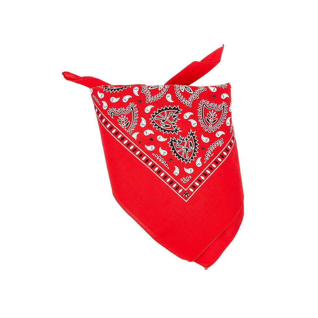 A red S&M Bandana with a white and black paisley pattern spread across its fabric, tied at the top.