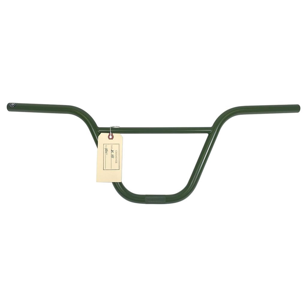 The S&M Credence XL Bars, made from durable 4130 CrMO steel and featuring a 9.25" rise with a small beige tag, are styled in green and isolated on a white background.