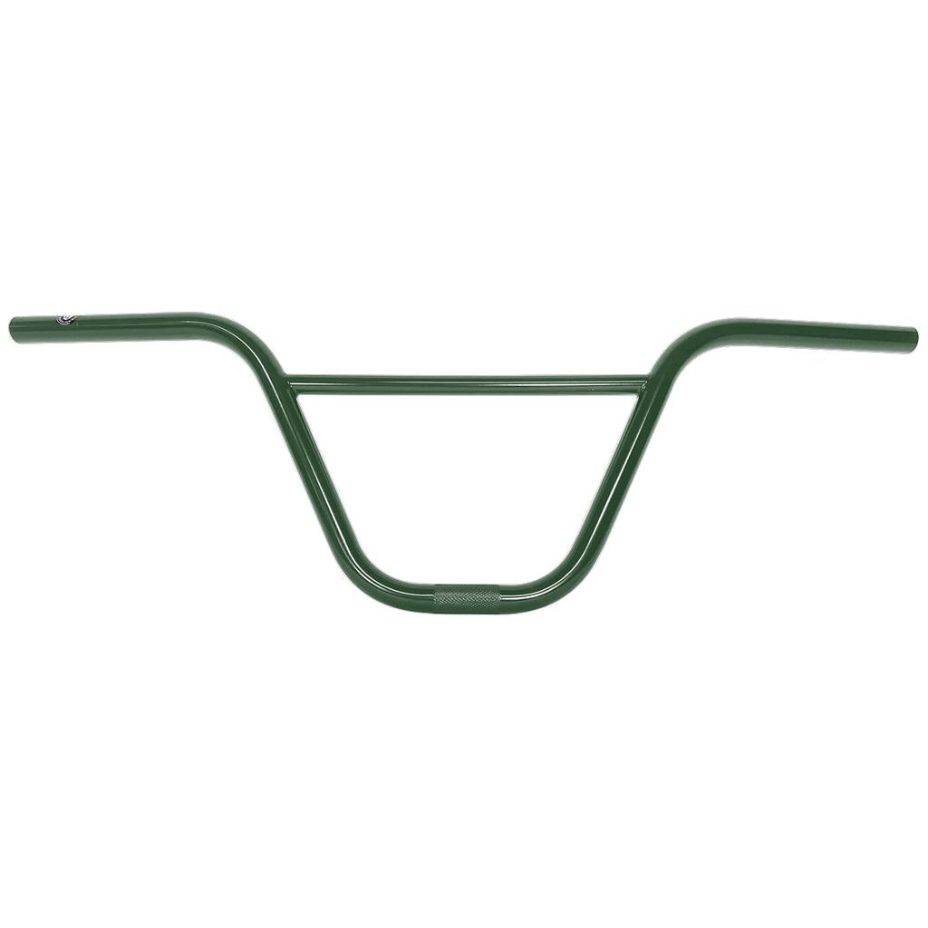 The S&M Credence XL Bars in vibrant green boast a high-rise design with a 9.25" rise, textured grip at the center, and are crafted from durable 4130 CrMO, offering a sturdy BMX experience.
