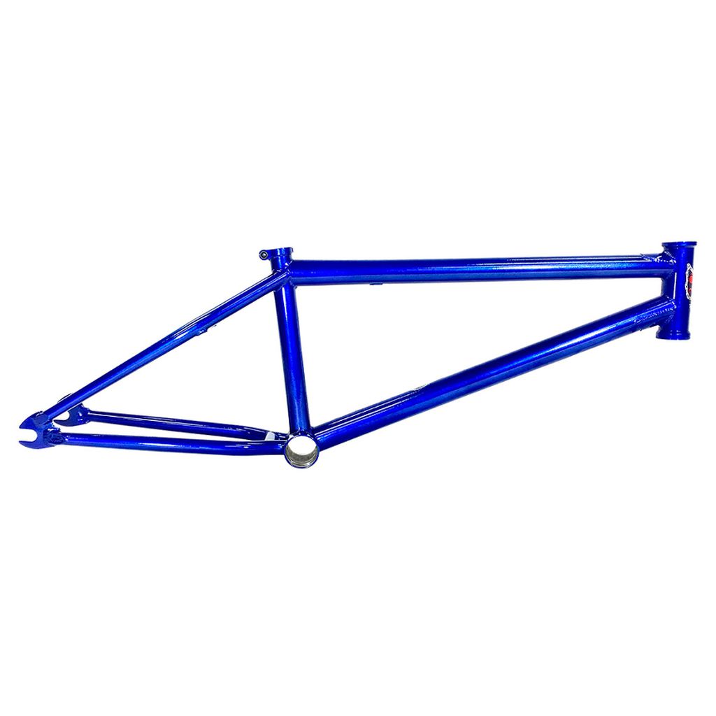 The S&M Holy Diver Frame, a blue bicycle frame with ultra-strong dropouts and responsive street geometry, is isolated on a white background.