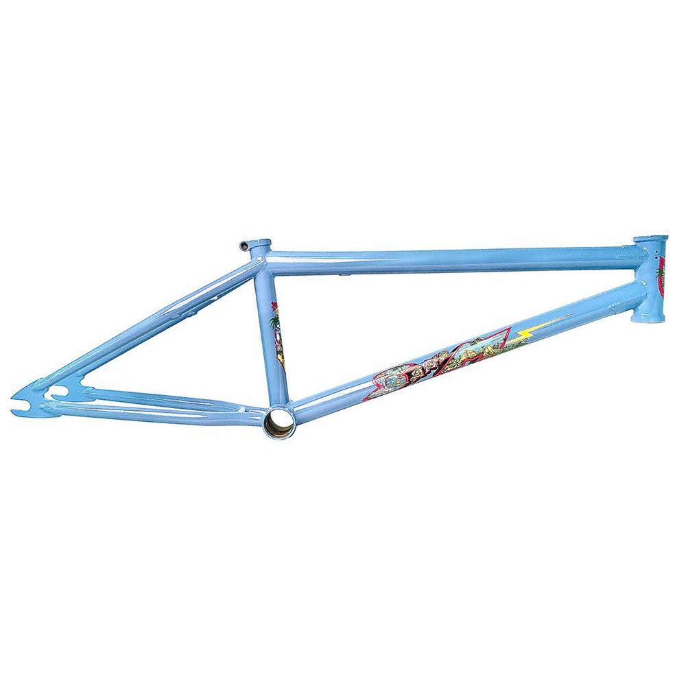 The S&M Hucker Frame (Mike Hucker Signature) is a light blue chromoly BMX frame with colorful graphics on the top and down tubes, shown against a white background.