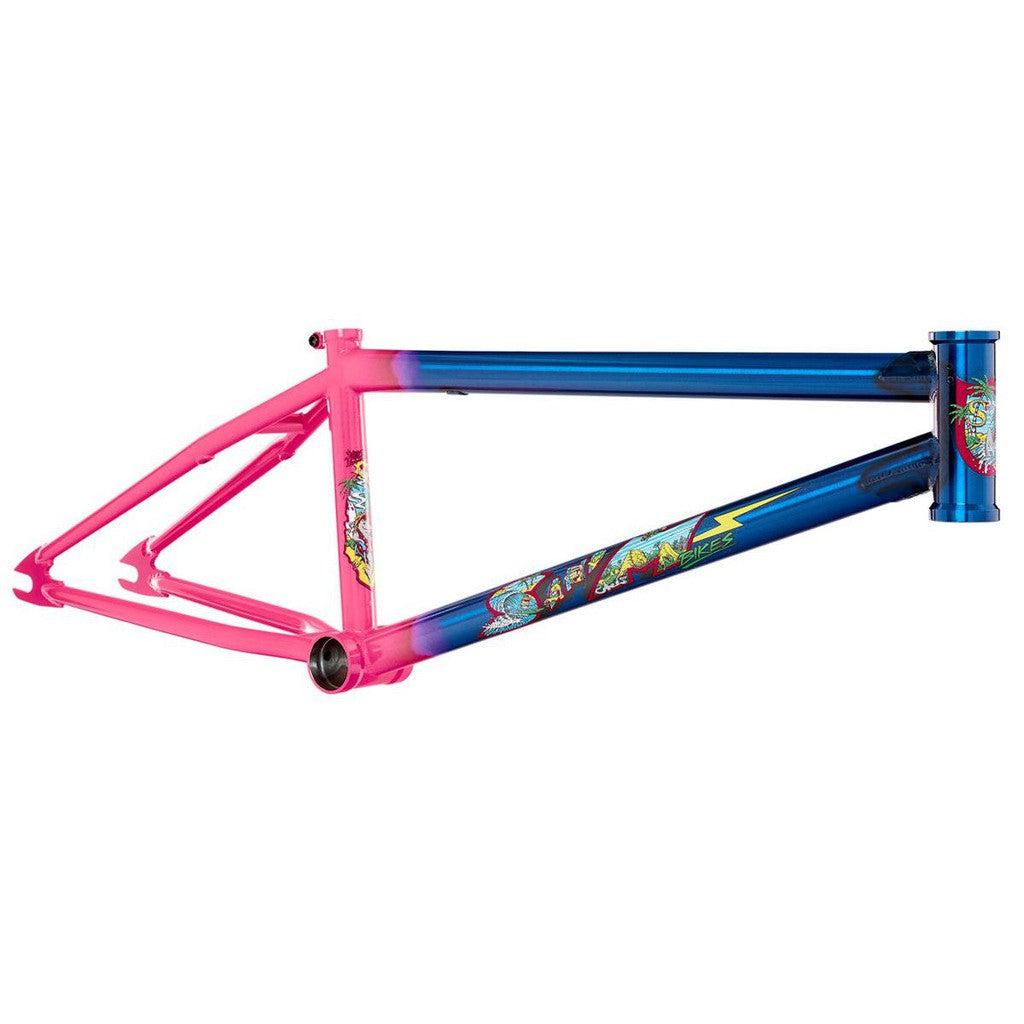 The S&M Hucker Frame (Mike Hucker Signature) is a BMX frame made from chromoly, featuring a pink-to-blue gradient finish with multicolored graphics on the tubes and head tube.