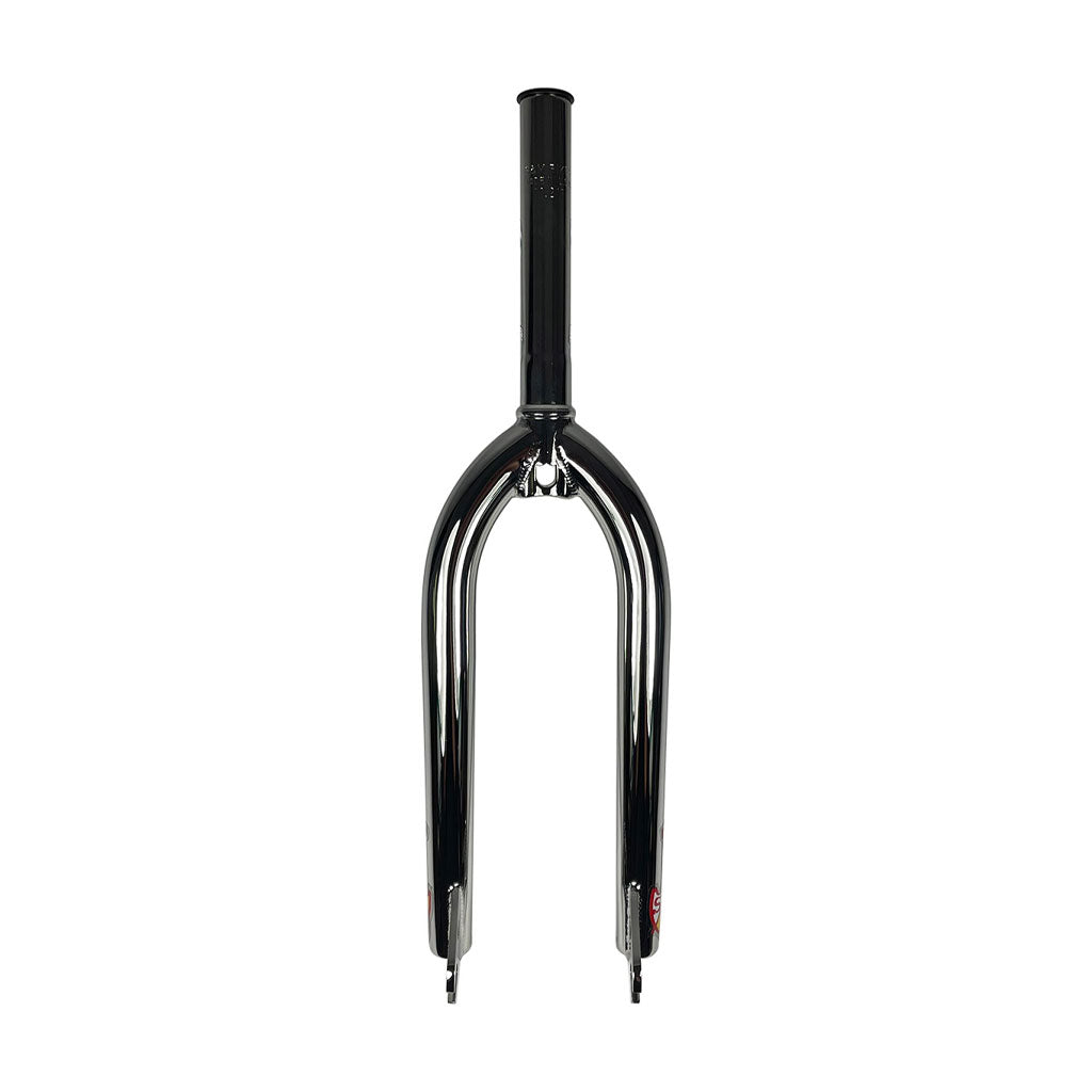 The S&M Pitchfork Shield Fork, featuring a straight steer tube and disc brake mounts, crafted from 4130 CrMo in a glossy black finish, as seen from the front.