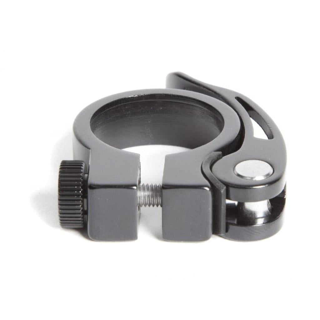 The S&M Quick Release Seat Clamp in black metal, featuring an adjustment bolt and compatible with 25.4mm seatposts, is shown against a white background.