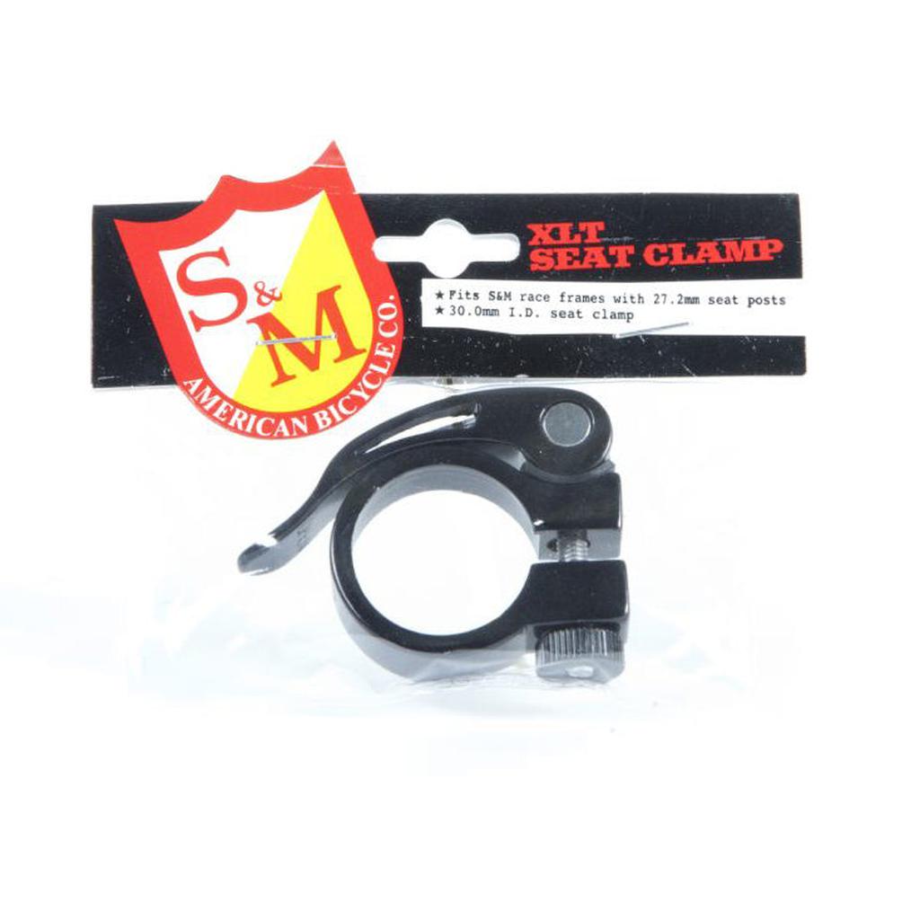 The S&M Quick Release Seat Clamp in black XLT fits 27.2mm and 25.4mm seatposts, as well as 28.6mm and 30.0mm I.D. seat clamps, and comes in S&M American Bicycle Co. packaging.