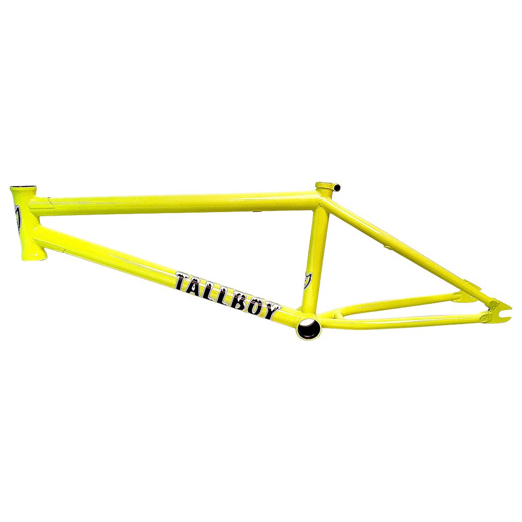A yellow S&M Tall Boy frame with the word talboy on it. Made of 4130 Chromoly tubing.