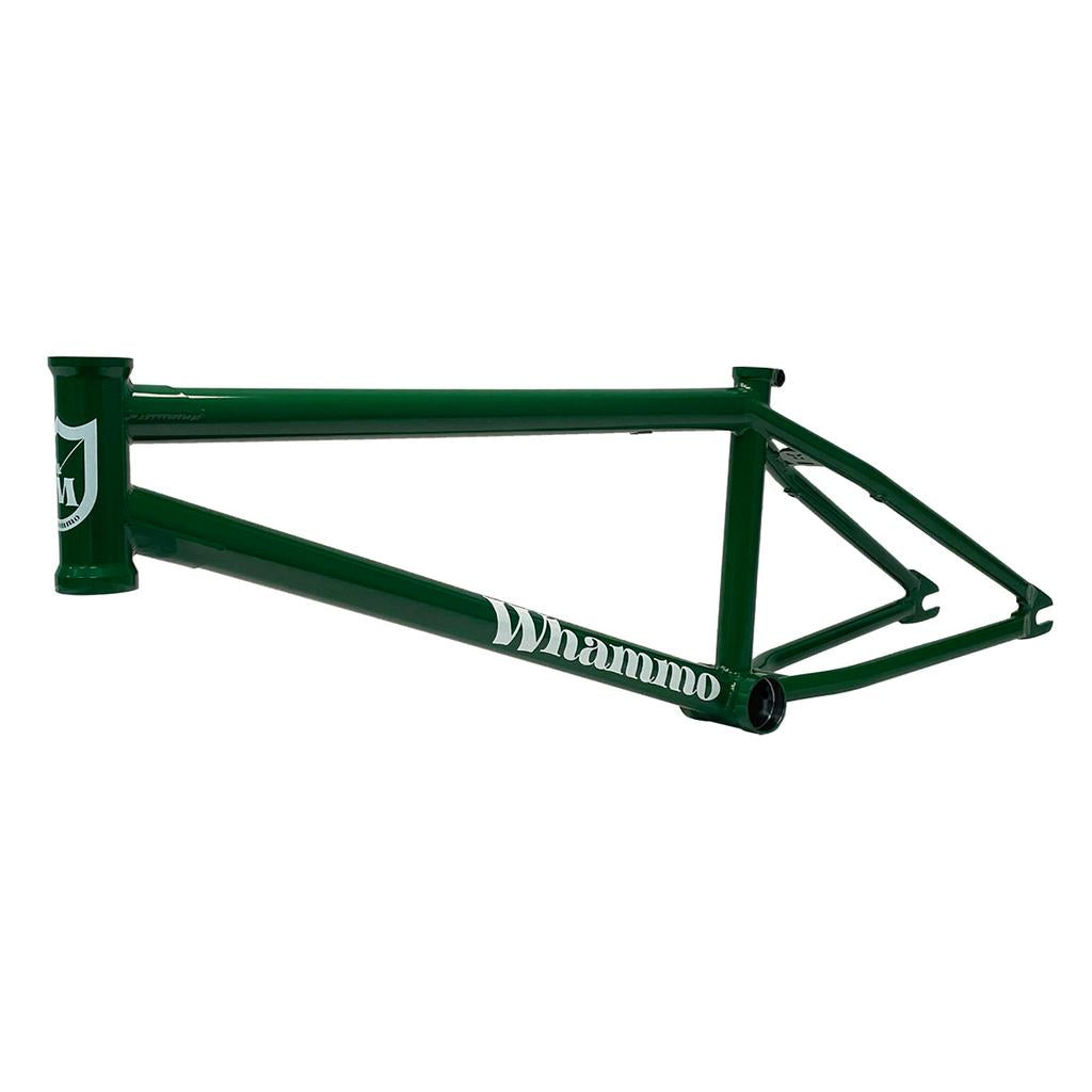 The S&M Whammo V2 (Craig Passero) frame is a green bicycle street frame featuring "Whammo" on the side and a shield logo on the head tube, designed for optimal sprocket clearance.