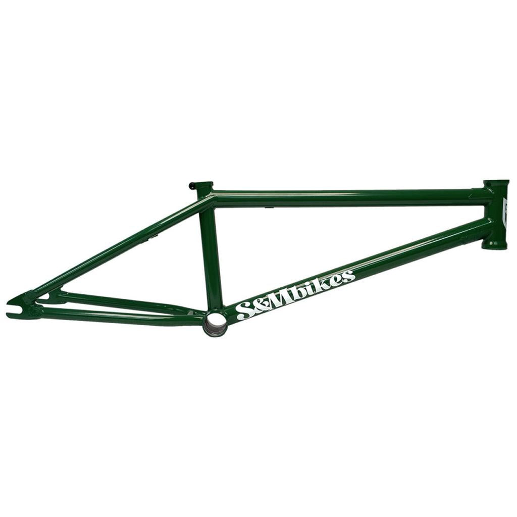 The S&M Whammo V2 (Craig Passero) frame, a green BMX bike frame with "S&M Bikes" branding, offers a responsive back end and ample sprocket clearance for smooth rides.