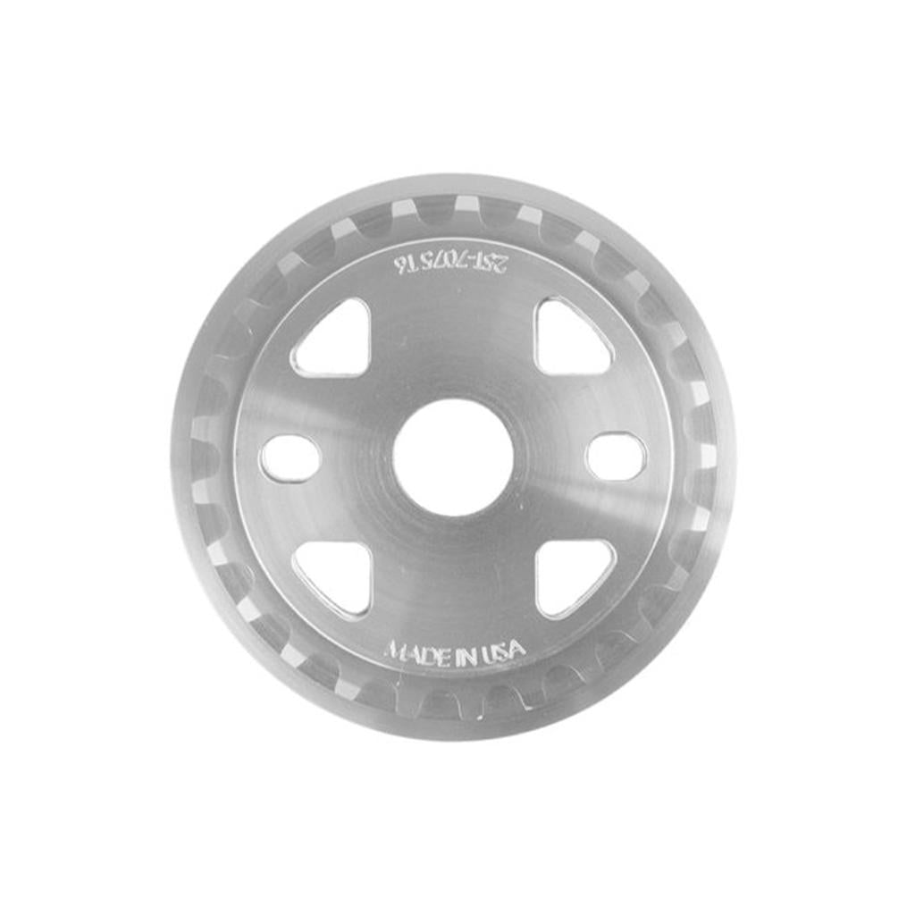 Close-up of the S&M X-Man Guard Sprocket, a CNC-machined round silver gear made from 7075 T6 Aluminum. It features a central hole, multiple smaller holes, "Made in USA" engravings, and a model number.