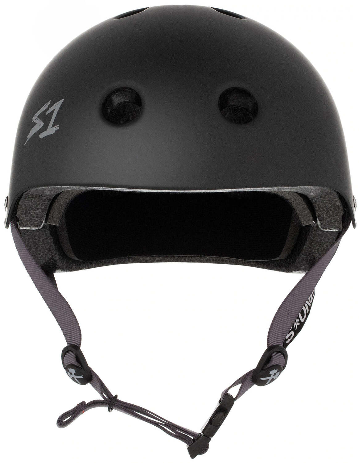 The S-One Lifer Helmet in Black Matte with Grey Straps offers certified multi-impact protection, ventilation holes, secure chin straps, and a small logo on the front left side.
