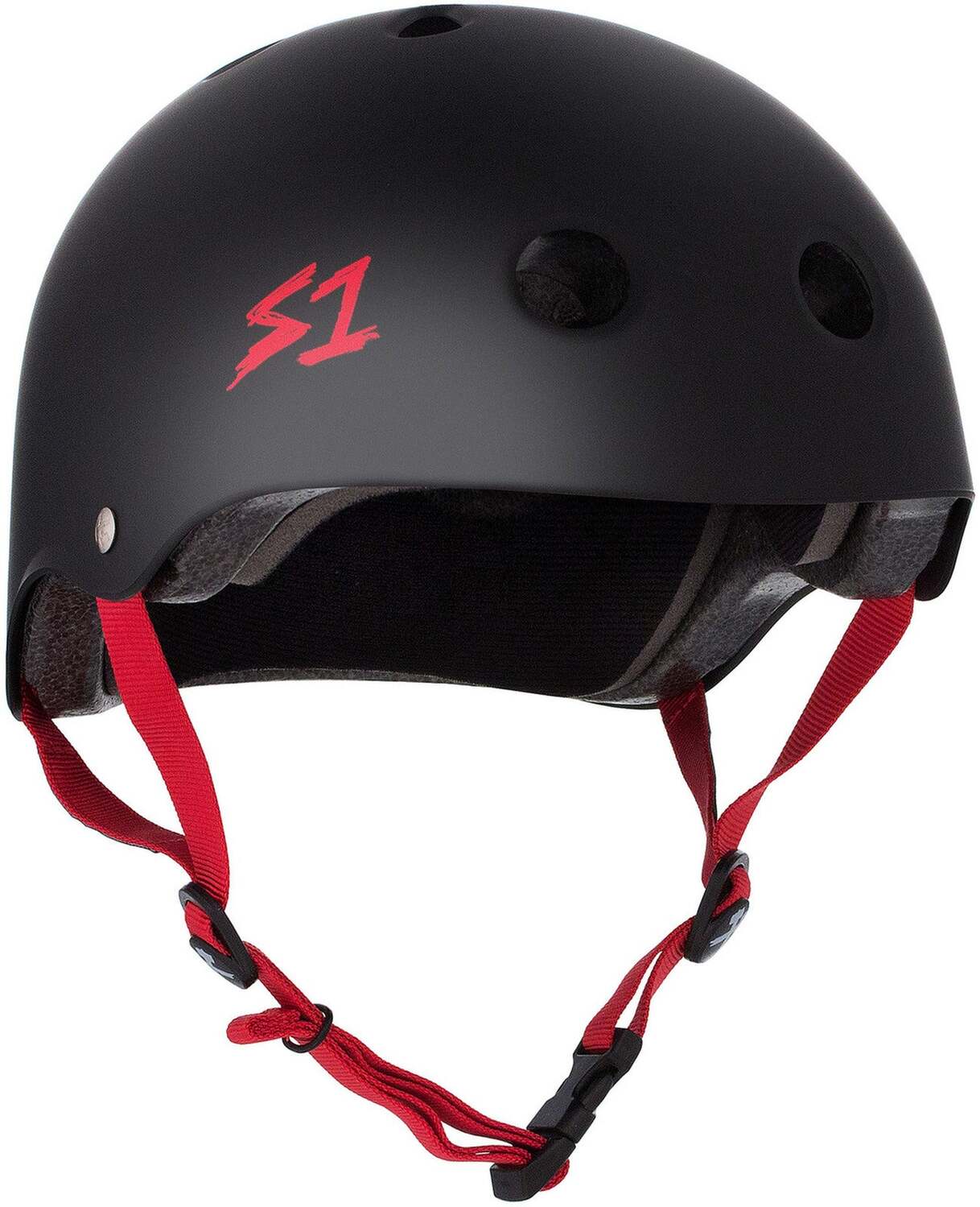 The S-One Lifer Helmet in Black Matte with Red Straps is a certified skate helmet featuring ventilation holes and an "S1" logo on the side for multiple impact protection.