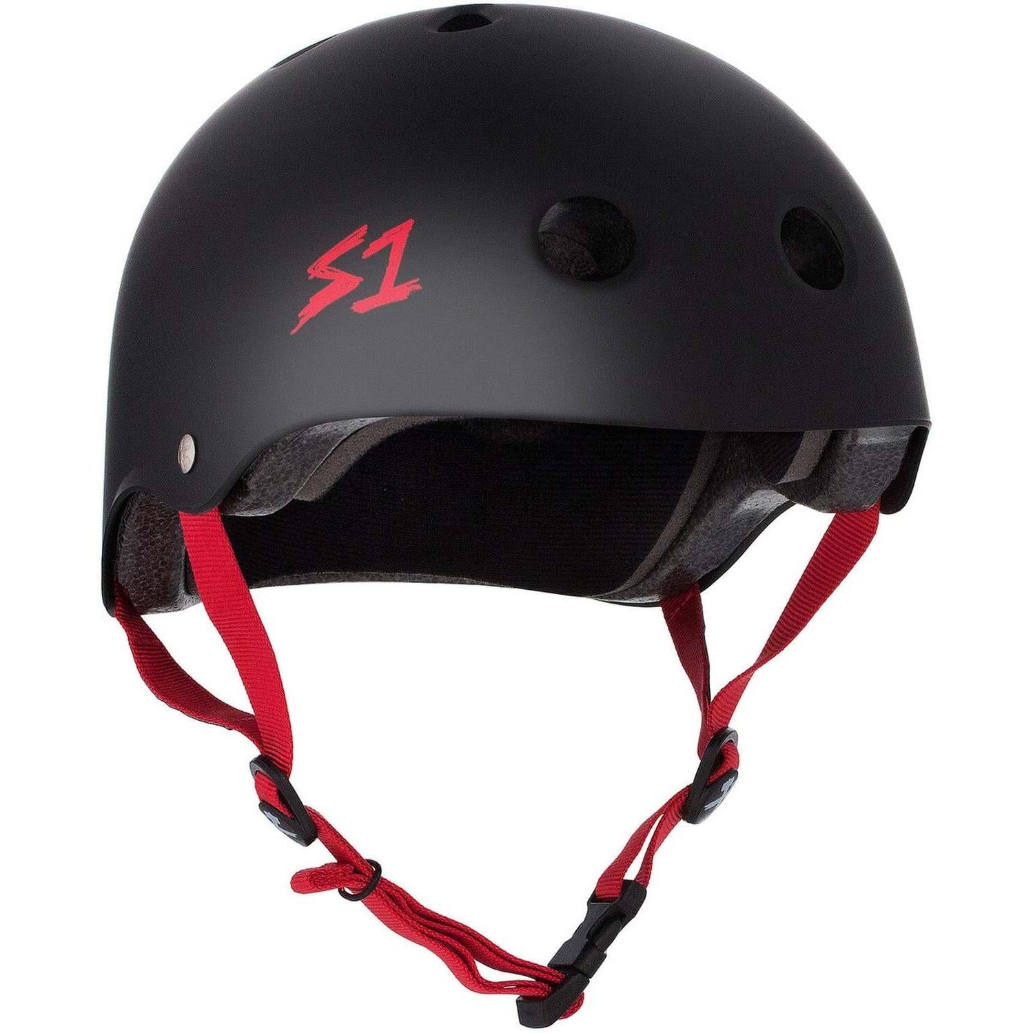 The S-One Lifer Helmet in Black Matte with Red Straps is a certified skate helmet featuring ventilation holes and an "S1" logo on the side for multiple impact protection.