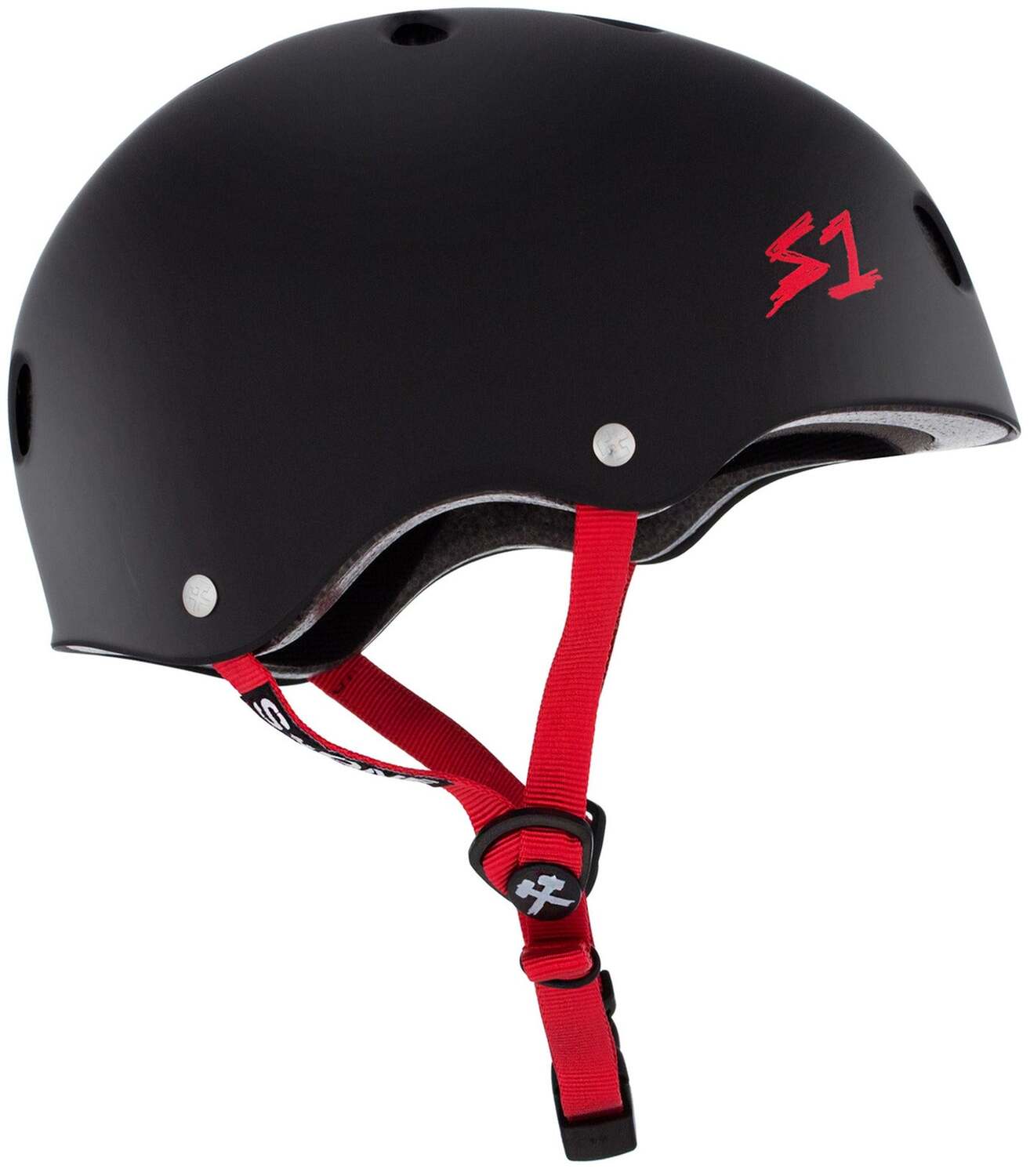 The S-One Lifer Helmet in Black Matte features red straps and logo, providing certified multi-impact skate safety.