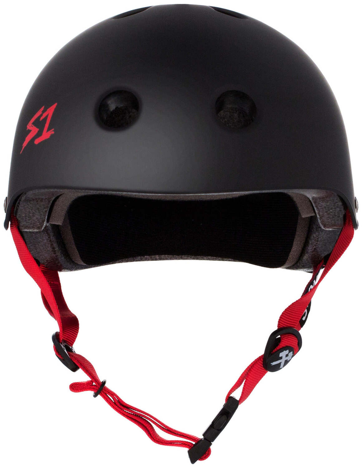 The S-One Lifer Helmet in Black Matte with Red Straps features front ventilation, the S1 logo on the side, and provides multi-impact protection for safe riding.
