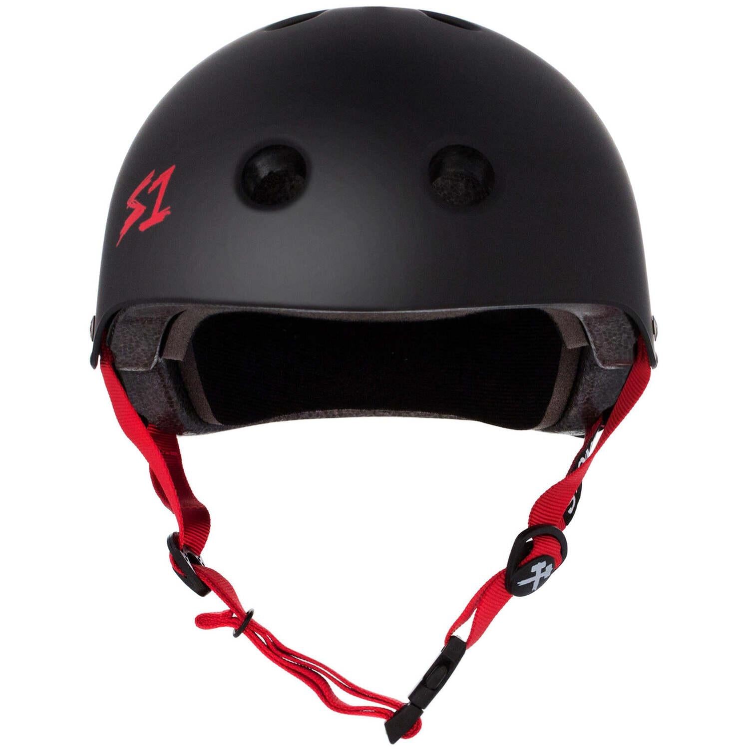 The S-One Lifer Helmet in Black Matte with Red Straps features front ventilation, the S1 logo on the side, and provides multi-impact protection for safe riding.