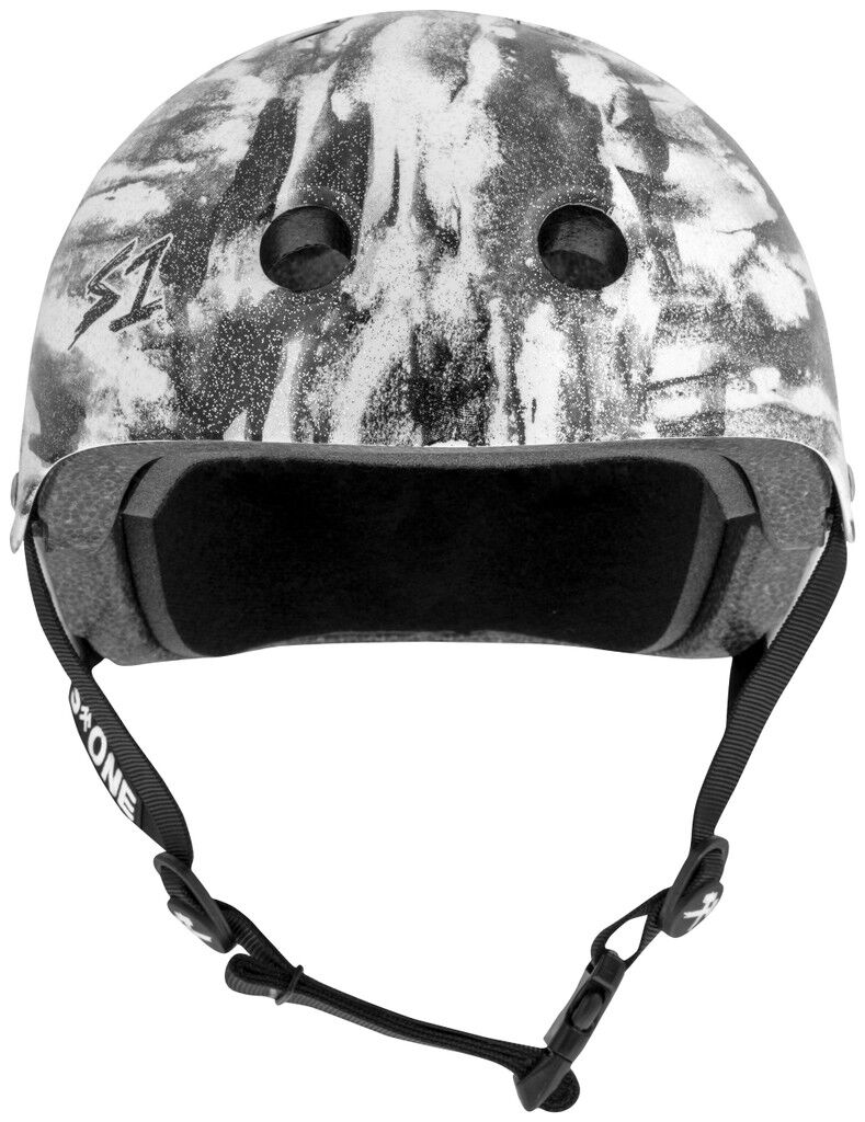 Front view of the S-One Lifer Helmet in Black White Glitter/Bomba Hache, a certified skate helmet featuring ventilation holes, foam interior, multiple impact protection, and an adjustable chin strap.