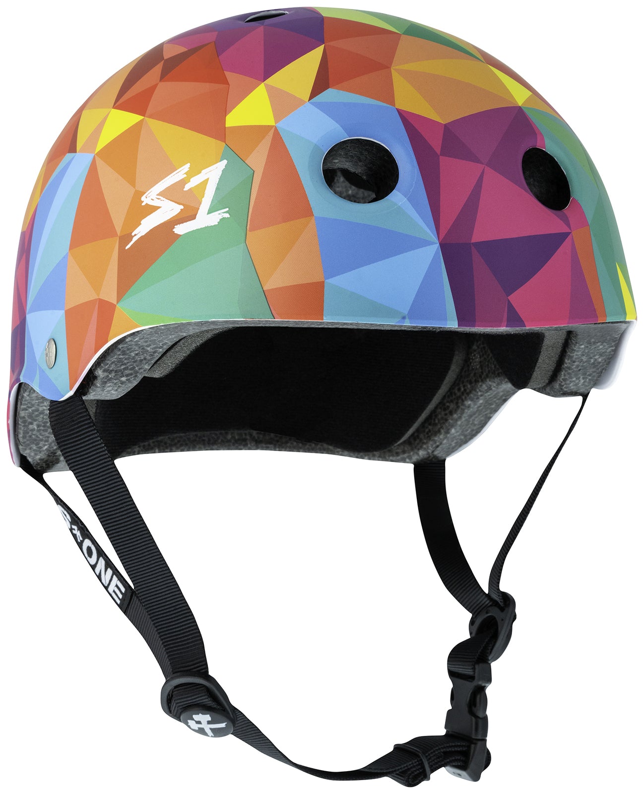 The S-One Lifer Helmet in Kaleidoscope Matte features a multi-colored geometric design, black adjustable straps, two front ventilation holes, and certified multi-impact protection.