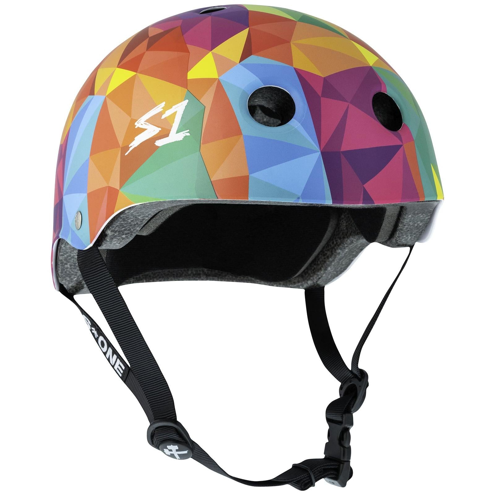 The S-One Lifer Helmet in Kaleidoscope Matte features a multi-colored geometric design, black adjustable straps, two front ventilation holes, and certified multi-impact protection.