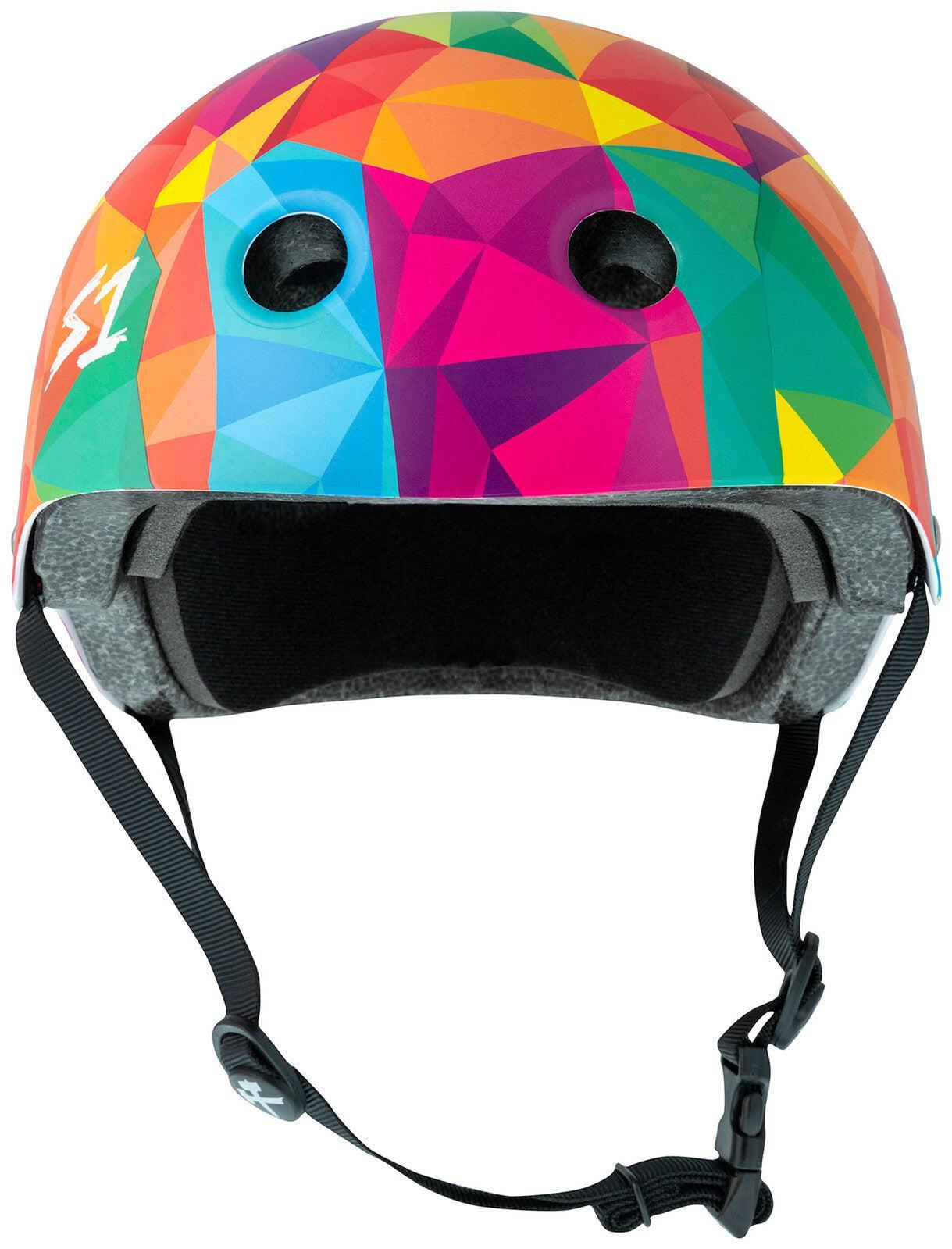 The S-One Lifer Helmet / Kaleidoscope Matte features a multicolored geometric design, black straps, two front vents, and provides multiple impact protection.