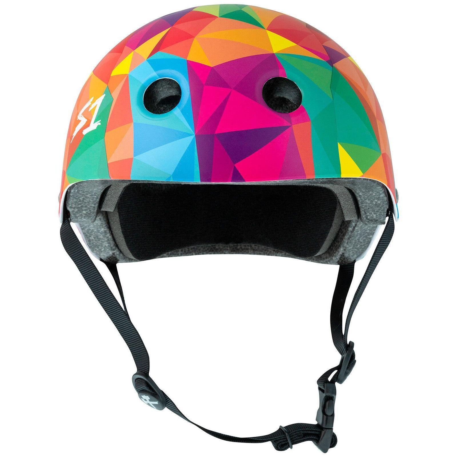 The S-One Lifer Helmet / Kaleidoscope Matte features a multicolored geometric design, black straps, two front vents, and provides multiple impact protection.