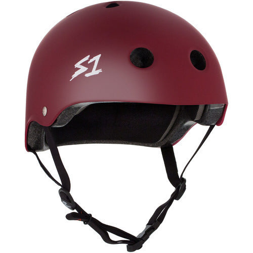 A Maroon S-One Lifer Helmet with the word s1 on it, designed for head protection.