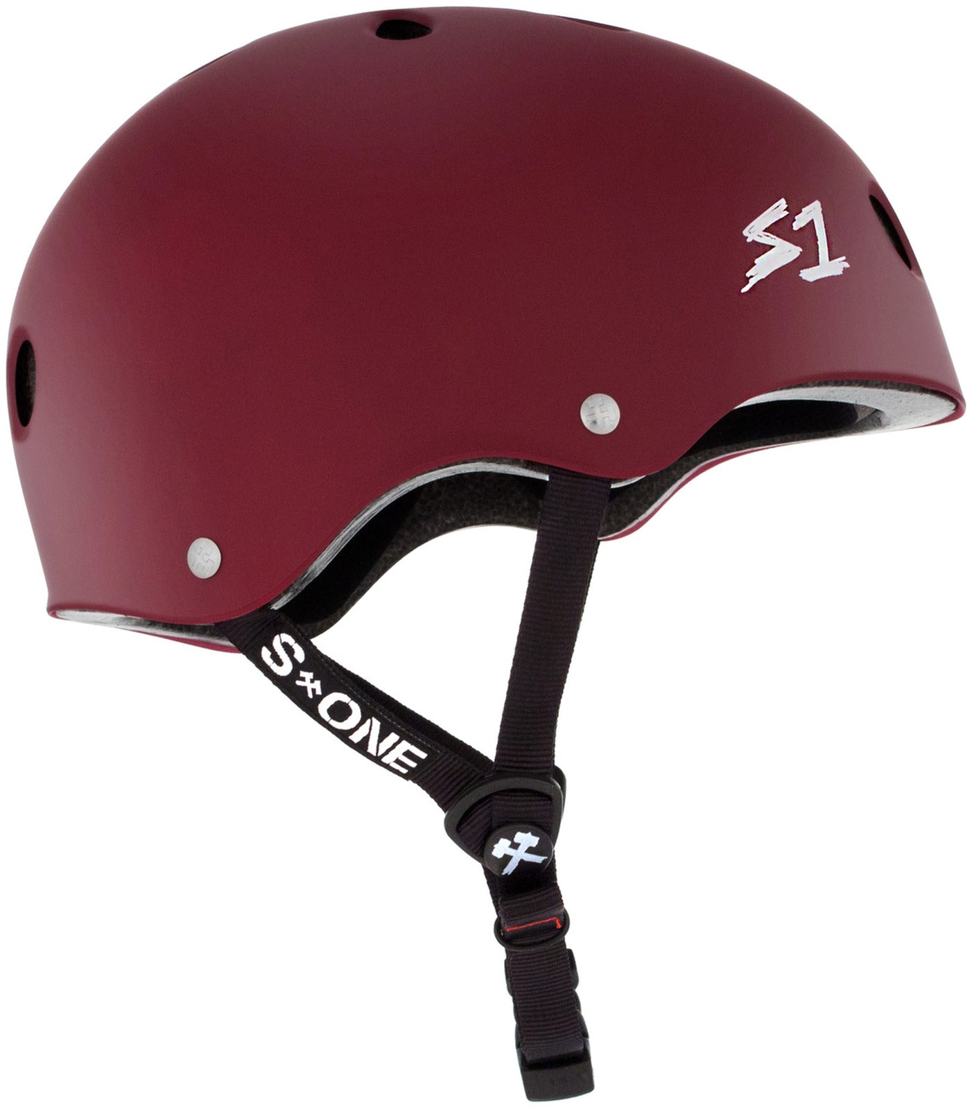 A Maroon S-One Lifer Helmet with the word slone on it, designed for head protection and multiple impact resistance.