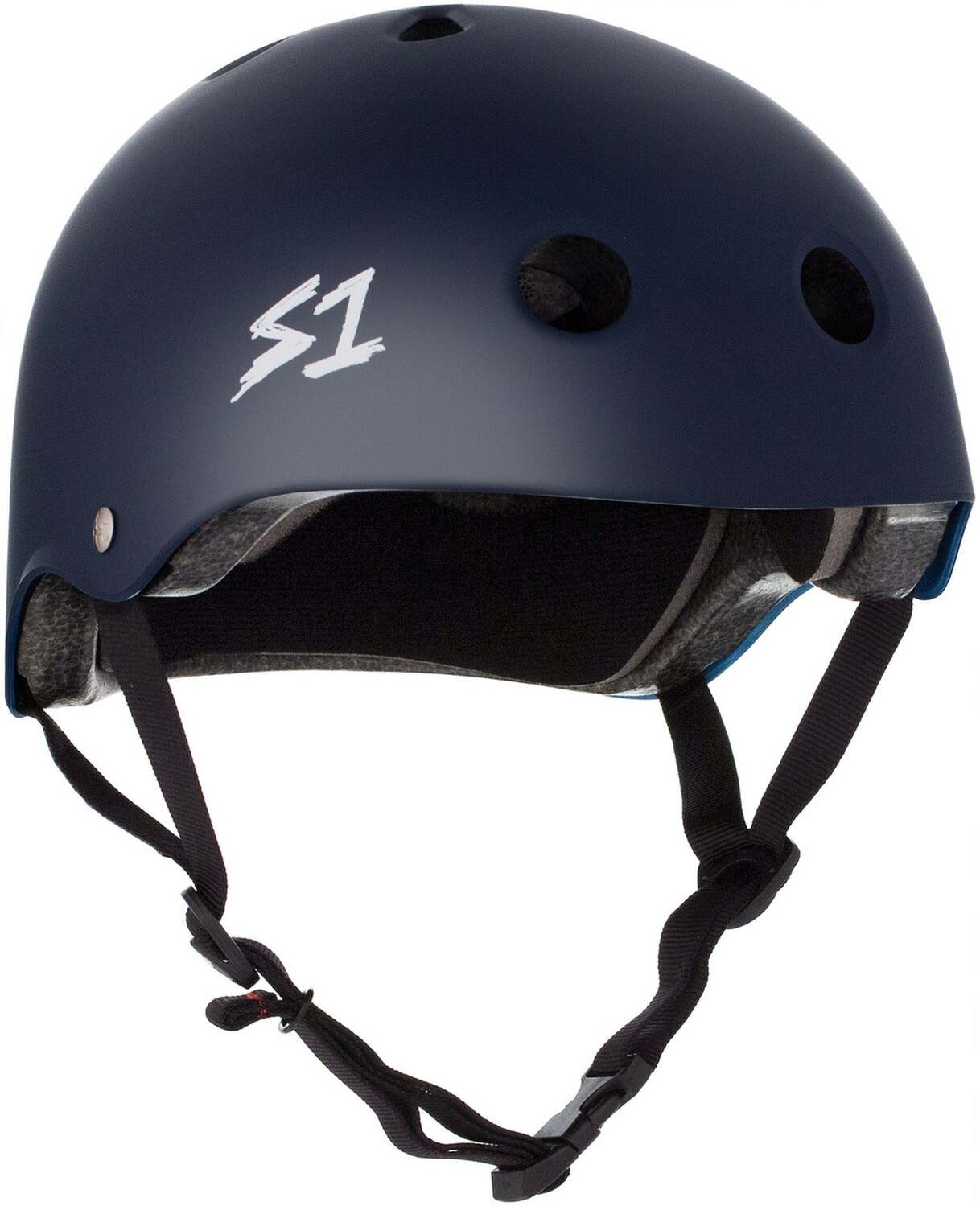 The S-One Lifer Helmet in Navy Matte features ventilation holes, certified impact protection, an "S1" logo on the side, and adjustable black chin straps—perfect for action sports.