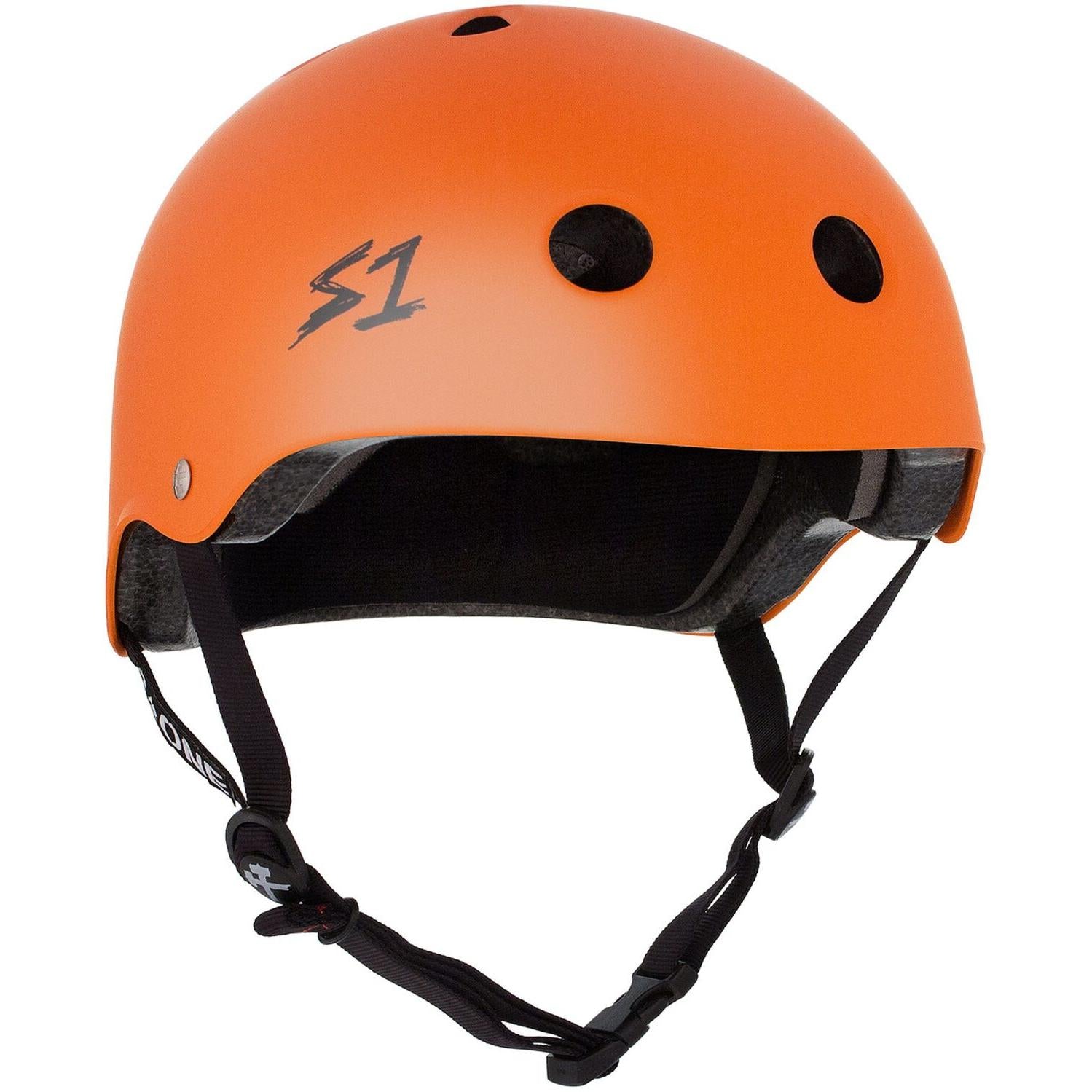 The S-One Lifer Helmet / Orange Matte features black vents, a black chinstrap, "S1" side logo, and EPS Fusion Foam construction for multi-impact protection.