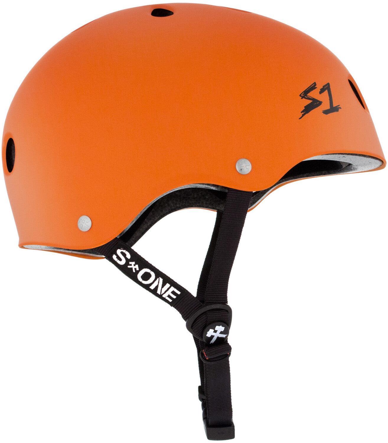 The S-One Lifer Helmet in Orange Matte features black adjustable straps, ventilation holes, and multi-impact certified protection, shown against a white background.