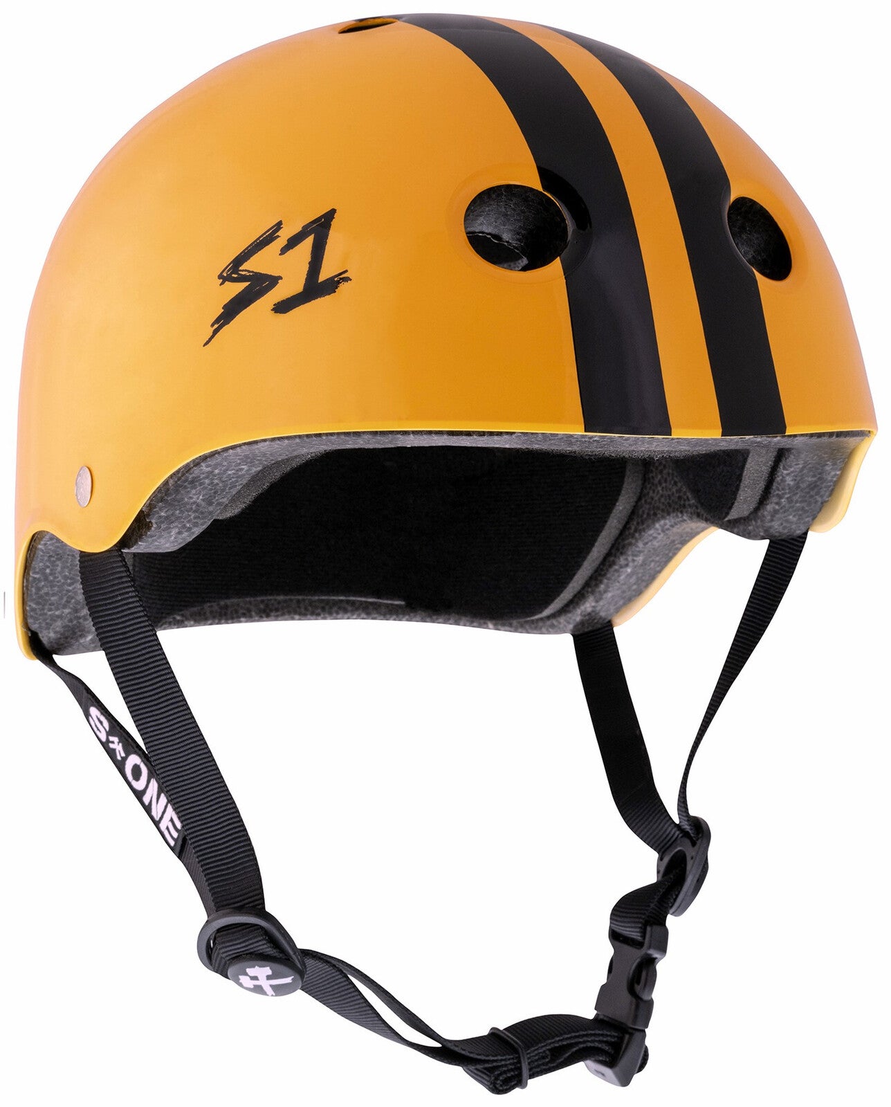 The S-One Lifer Helmet in bright orange with black stripes has ventilation holes, an adjustable black chin strap, multi-impact protection, and the "S1" logo on the side. This certified skate helmet offers reliable safety and style.