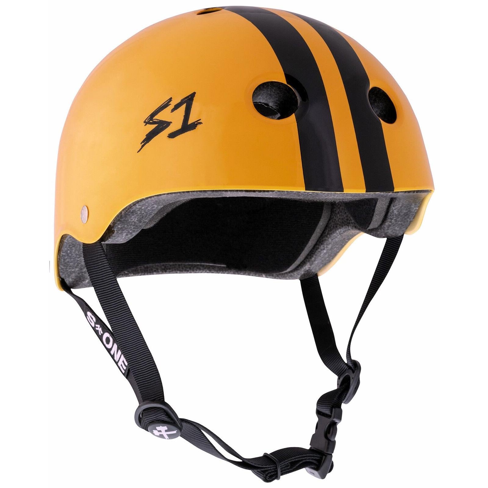 The S-One Lifer Helmet in bright orange with black stripes has ventilation holes, an adjustable black chin strap, multi-impact protection, and the "S1" logo on the side. This certified skate helmet offers reliable safety and style.