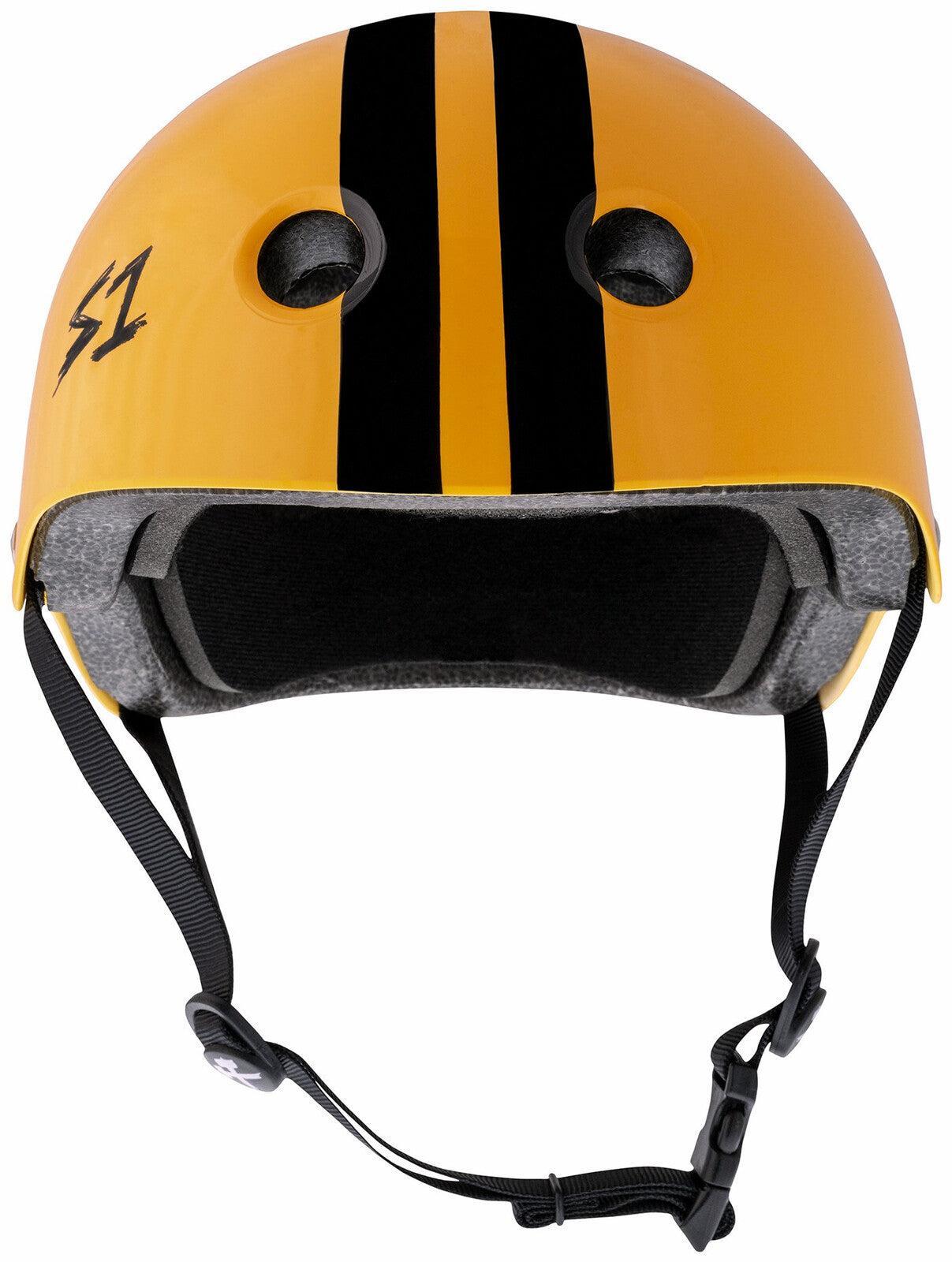 A bright orange S-One Lifer Helmet featuring two black vertical stripes, ventilation holes, adjustable black chin strap, "S1" marking on the left side, and EPS Fusion Foam for multi-impact protection.