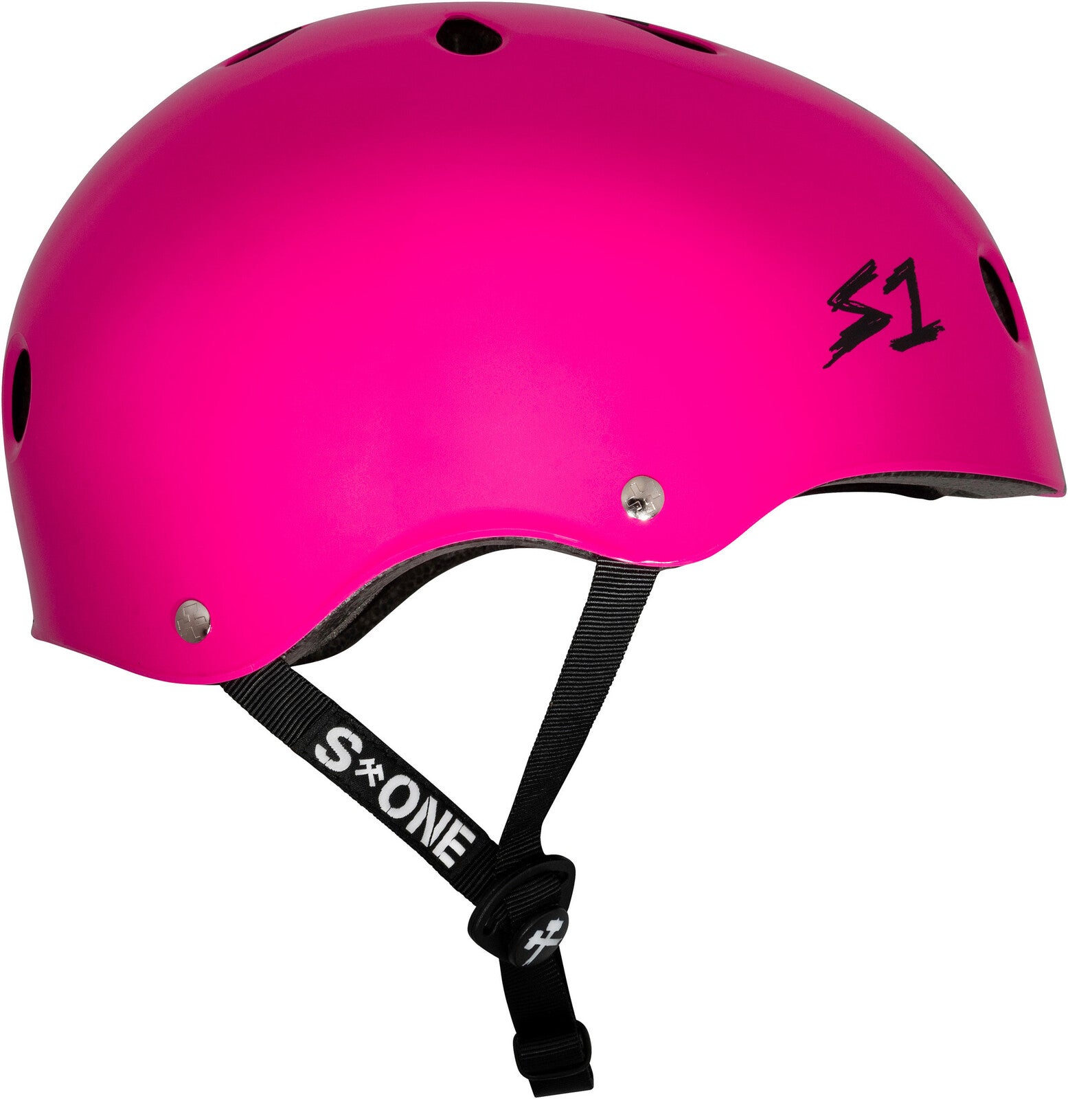 The S-One Lifer Helmet in Pink Gloss/Black Checkers features ventilation holes, certified multi-impact protection, and an adjustable black chin strap.