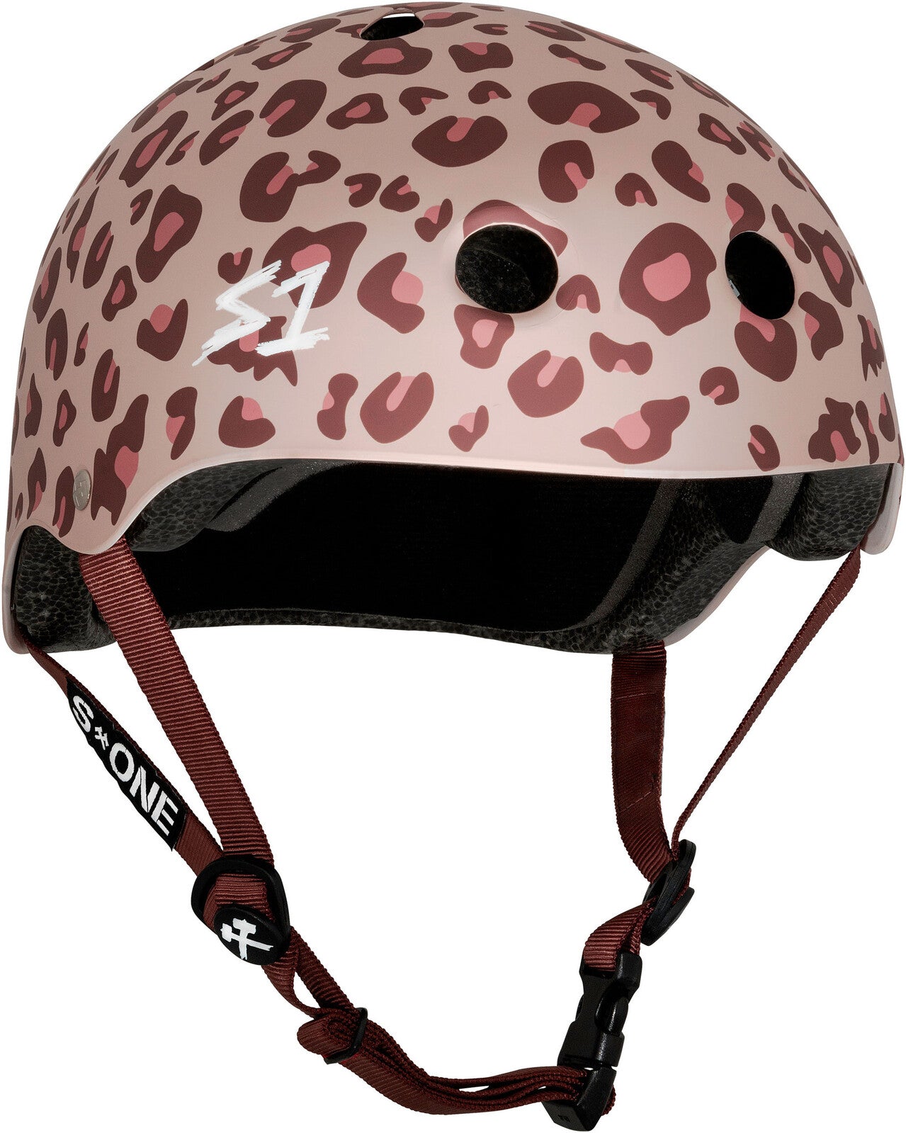 The S-One Lifer Helmet / Light Pink Cheetah - Pink Helmet Posse Collab features a light pink cheetah print, multiple vents, and adjustable maroon "S1" straps for a customizable fit.