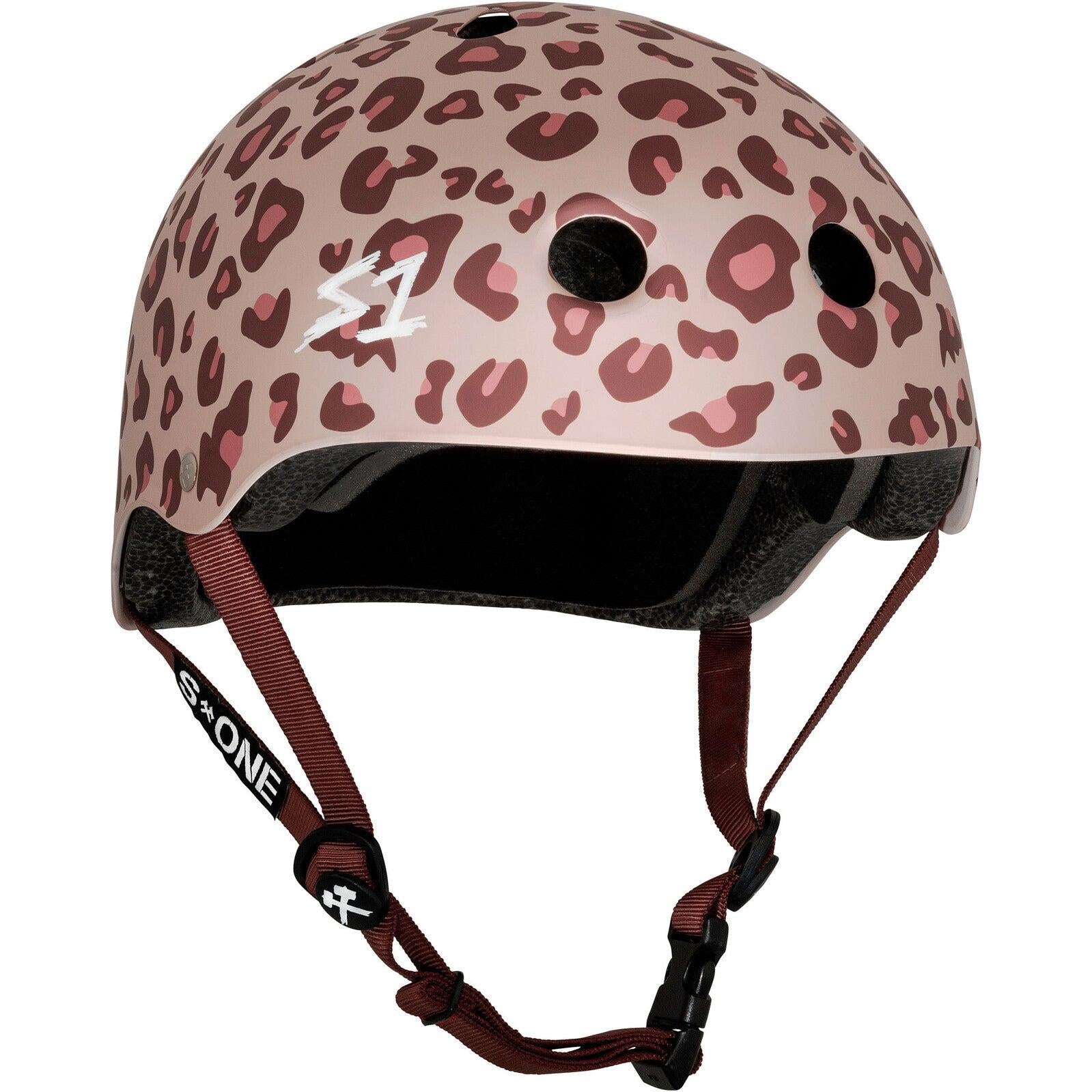 The S-One Lifer Helmet / Light Pink Cheetah - Pink Helmet Posse Collab features a light pink cheetah print, multiple vents, and adjustable maroon "S1" straps for a customizable fit.