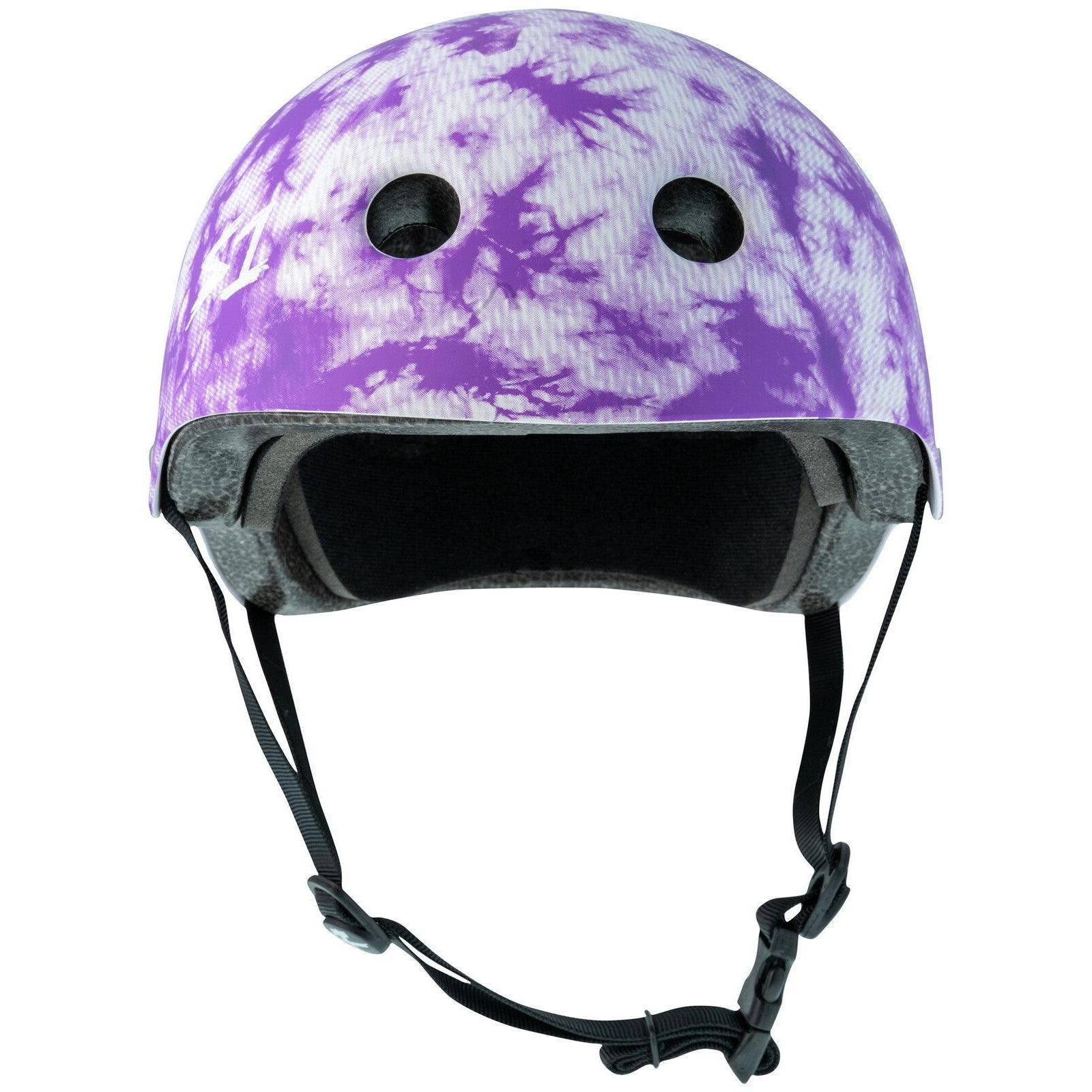 The S-One Lifer Helmet / Purple Tie Dye features two large front vents, black adjustable straps, a plastic buckle, and is certified for maximum impact protection.