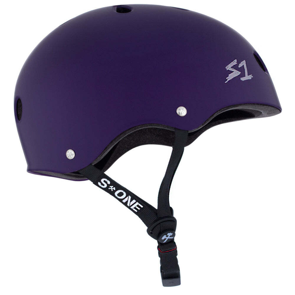 The S-One Lifer Helmet in Purple Matte features ventilation holes and an adjustable black chin strap, shown from a side view, designed for superior head protection and multiple impact protection.