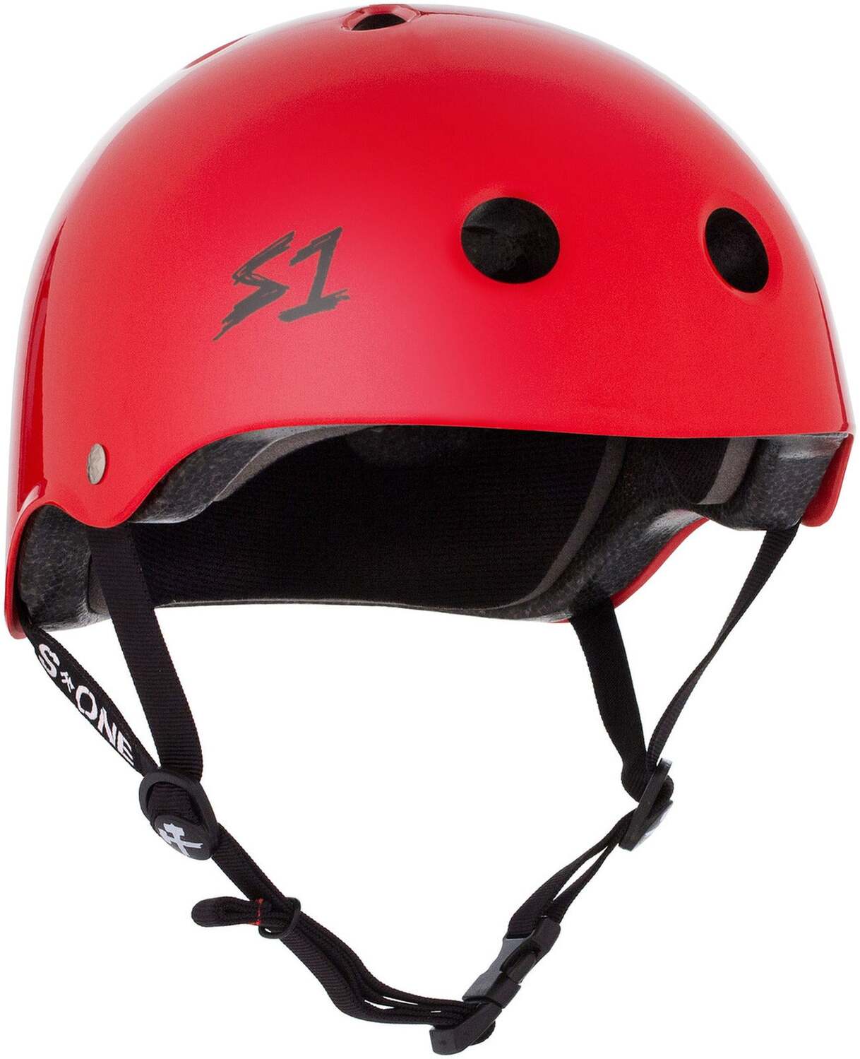 The S-One Lifer Helmet in Bright Red Gloss features black adjustable straps, multiple ventilation holes, and offers multi-impact protection for skateboarding and cycling.