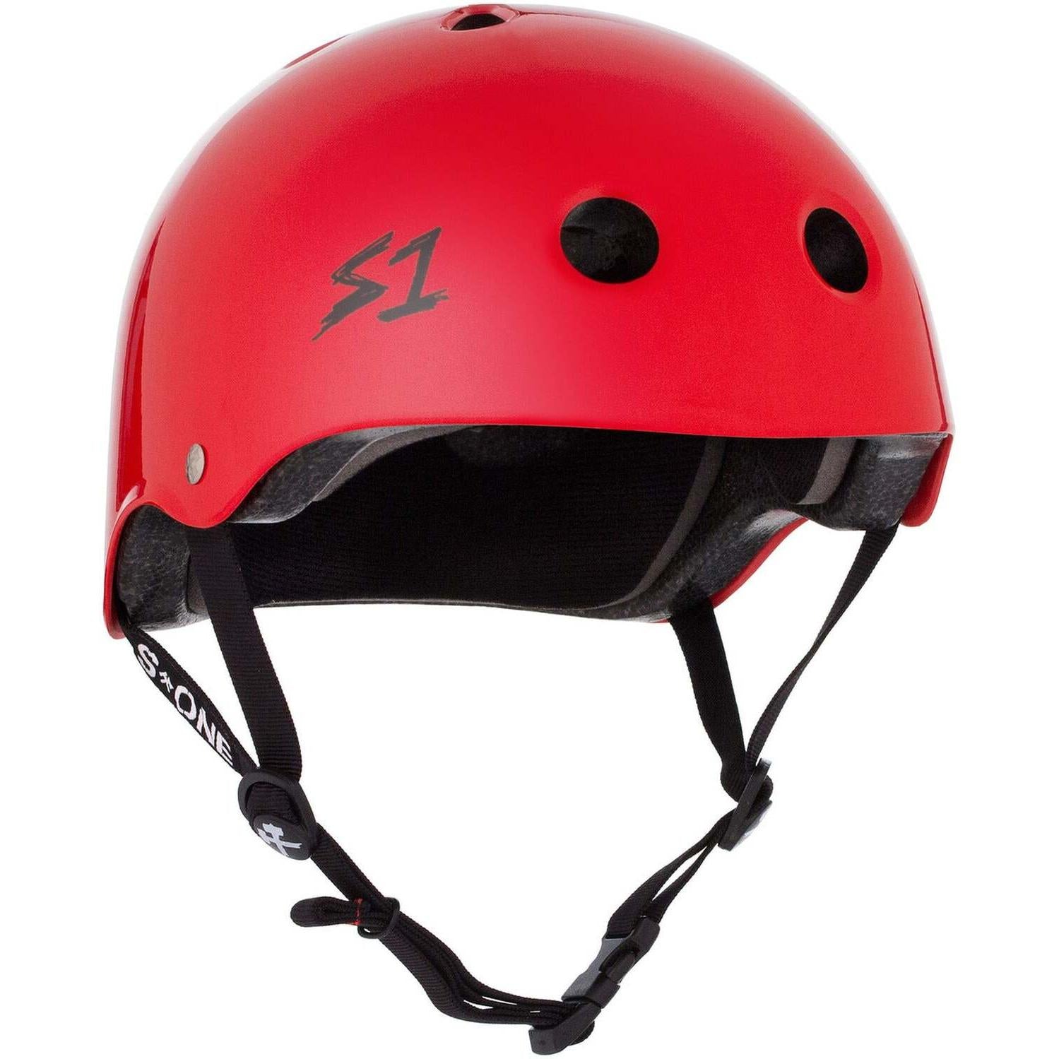 The S-One Lifer Helmet in Bright Red Gloss features black adjustable straps, multiple ventilation holes, and offers multi-impact protection for skateboarding and cycling.