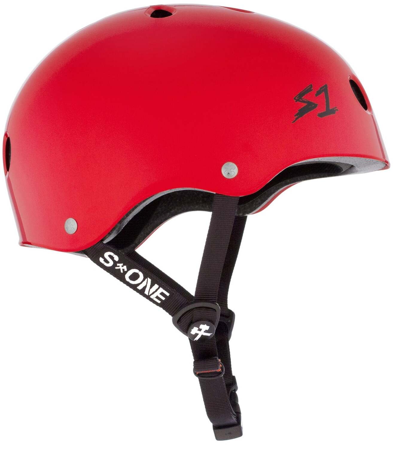 The S-One Lifer Helmet in Bright Red Gloss features multiple ventilation holes, black adjustable straps, a side logo, and is certified for multi-impact protection for enhanced safety.